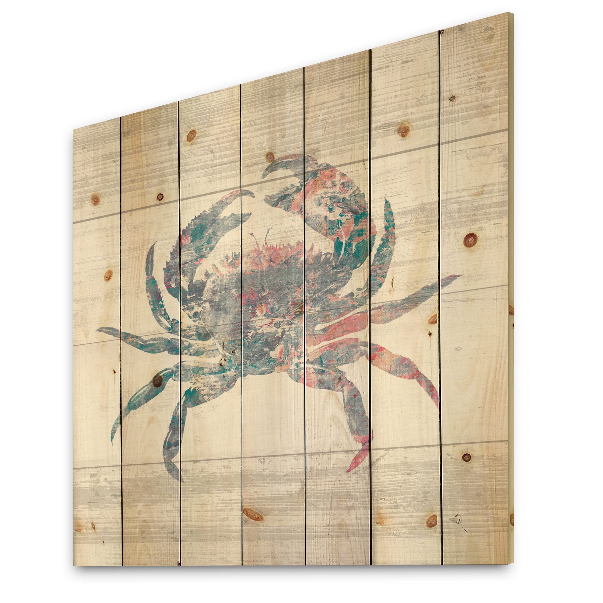 Pink Crab Ocean Life Nautical & Coastal Wood Wall Decor - Blue Wooden Wall Art with Large Animal Prints on Natural Pine Wood - Perfect for Beach House, Coastal Living Room or Nautical Nursery Decor