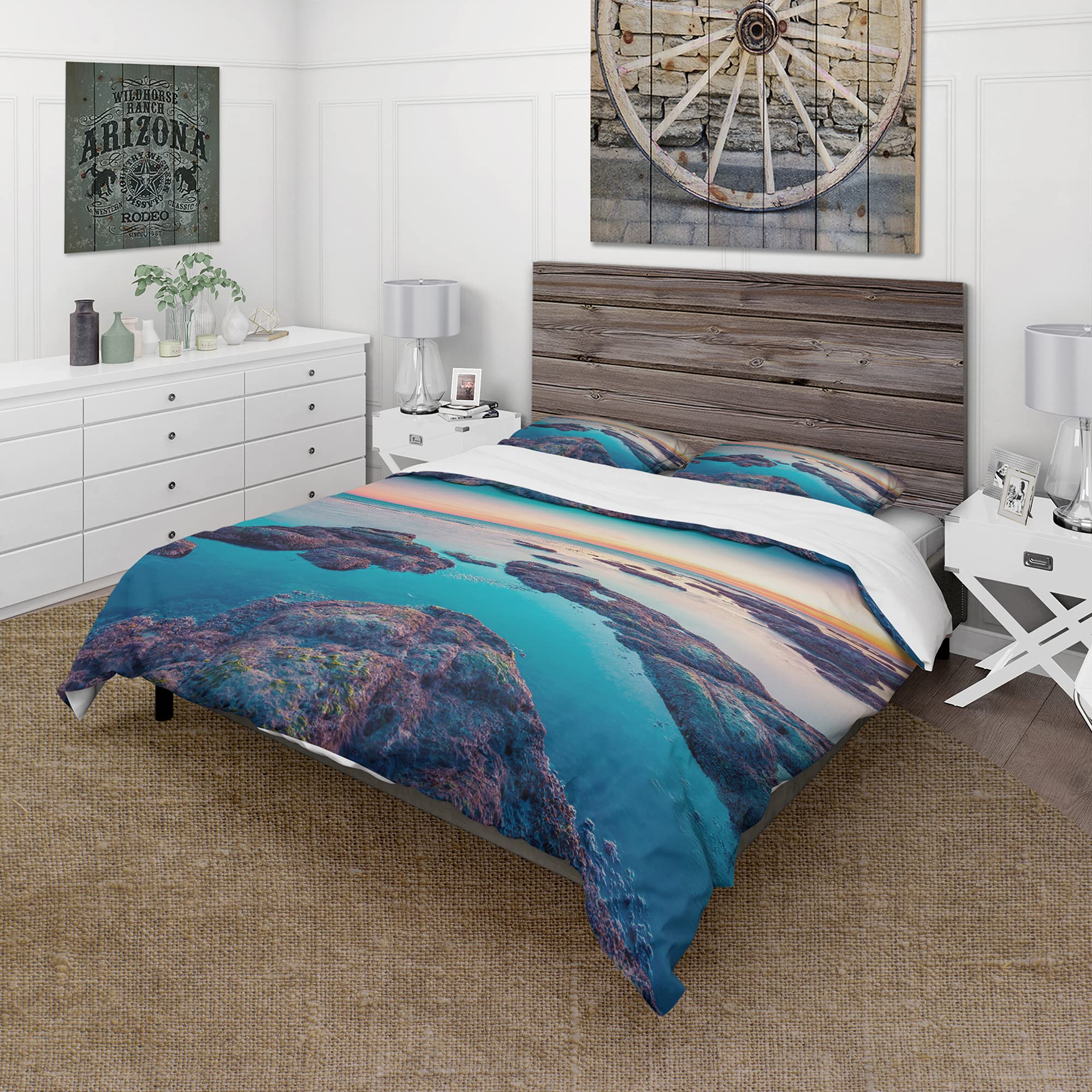 Blue Sicily Island Nautical Duvet Cover Set Queen - 3 Piece Coastal Beach Bedding for All Seasons | Perfect for Beach House, Coastal Decor & Nautical Themed Bedrooms