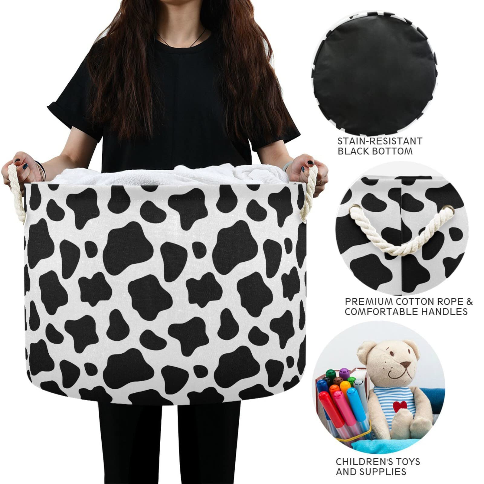 ALAZA Large Round Storage Basket - Black and White Cow Print Toy Basket, Nursery Bins & Laundry Hamper for Bathroom, Bedroom, Home Decor | Perfect for Organizing Toys, Clothes & Home Essentials