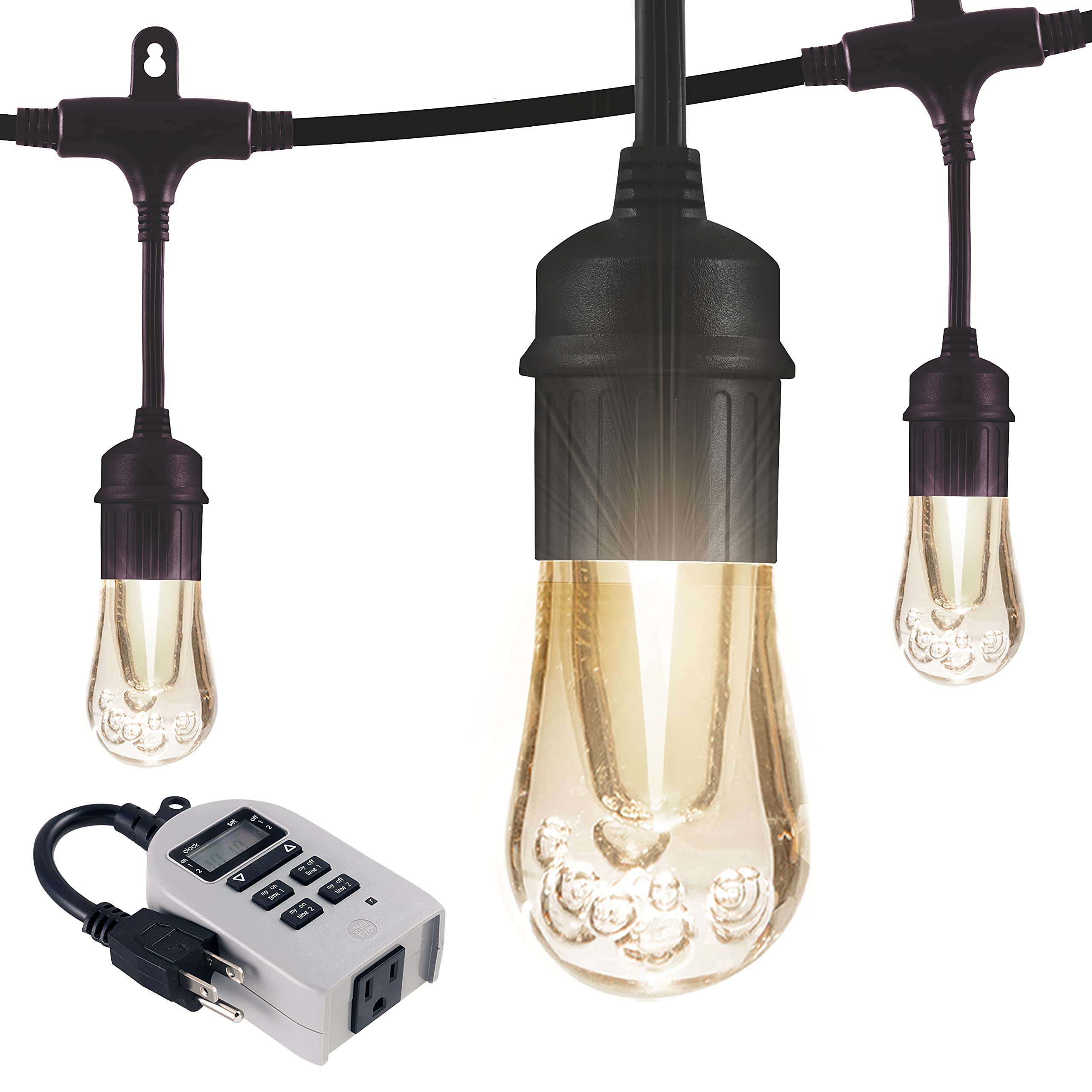 Enbrighten Vintage LED Café String Lights - 48ft with 24 Acrylic Bulbs, Waterproof Indoor/Outdoor Decorative Lighting + UltraPro Digital Timer for Patio, Garden, Wedding & Party Decor