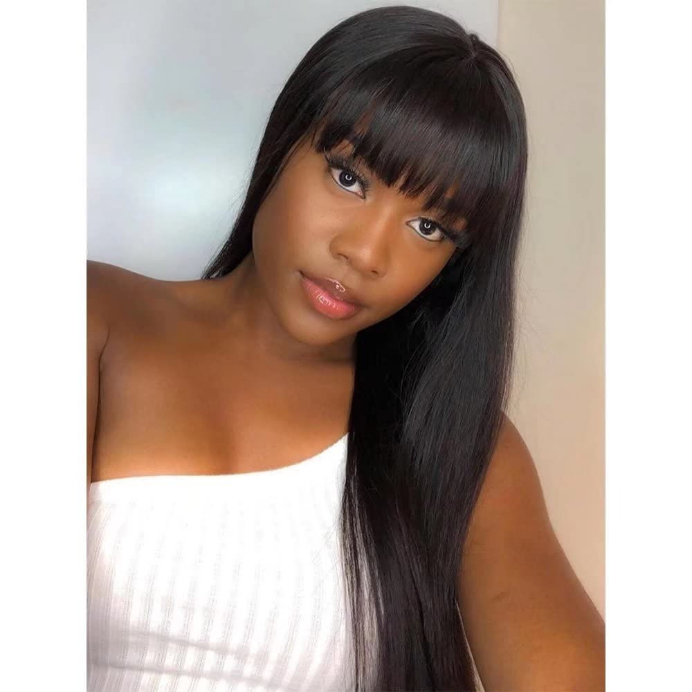 Long Straight Human Hair Lace Front Wigs With Bangs - 20Inch HD Transparent Brazilian Remy Hair Wigs 150% Density, Glueless & Silky Smooth for Women (Natural Black) - Perfect for Daily Wear, Cosplay, Parties & Special Occasions