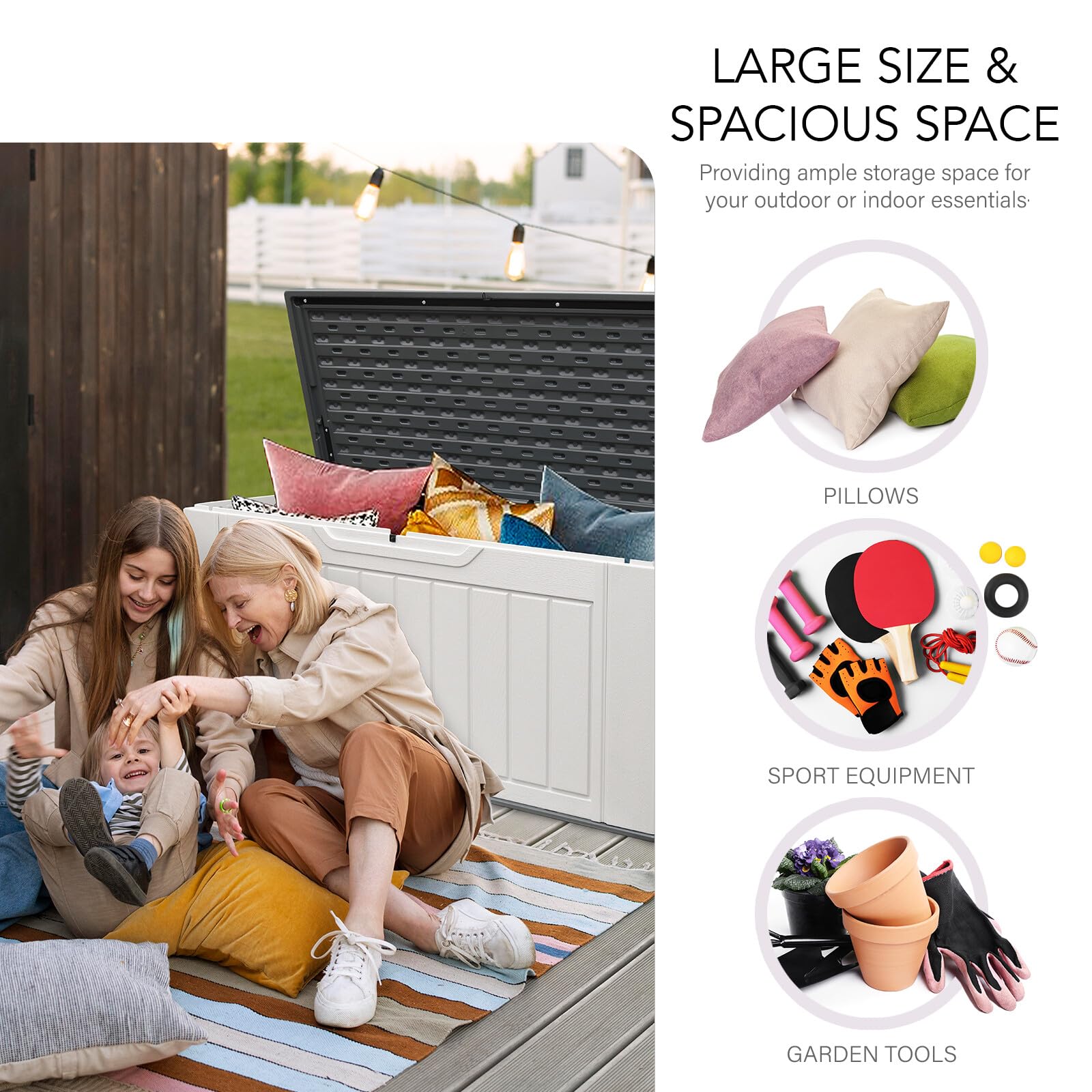 150 Gallon Outdoor Storage Box - Waterproof Resin Deck Box with Lock - Large Patio Storage Container for Furniture, Cushions, Garden Tools & Pool Supplies - White - Perfect for Backyard, Deck & Poolside Organization