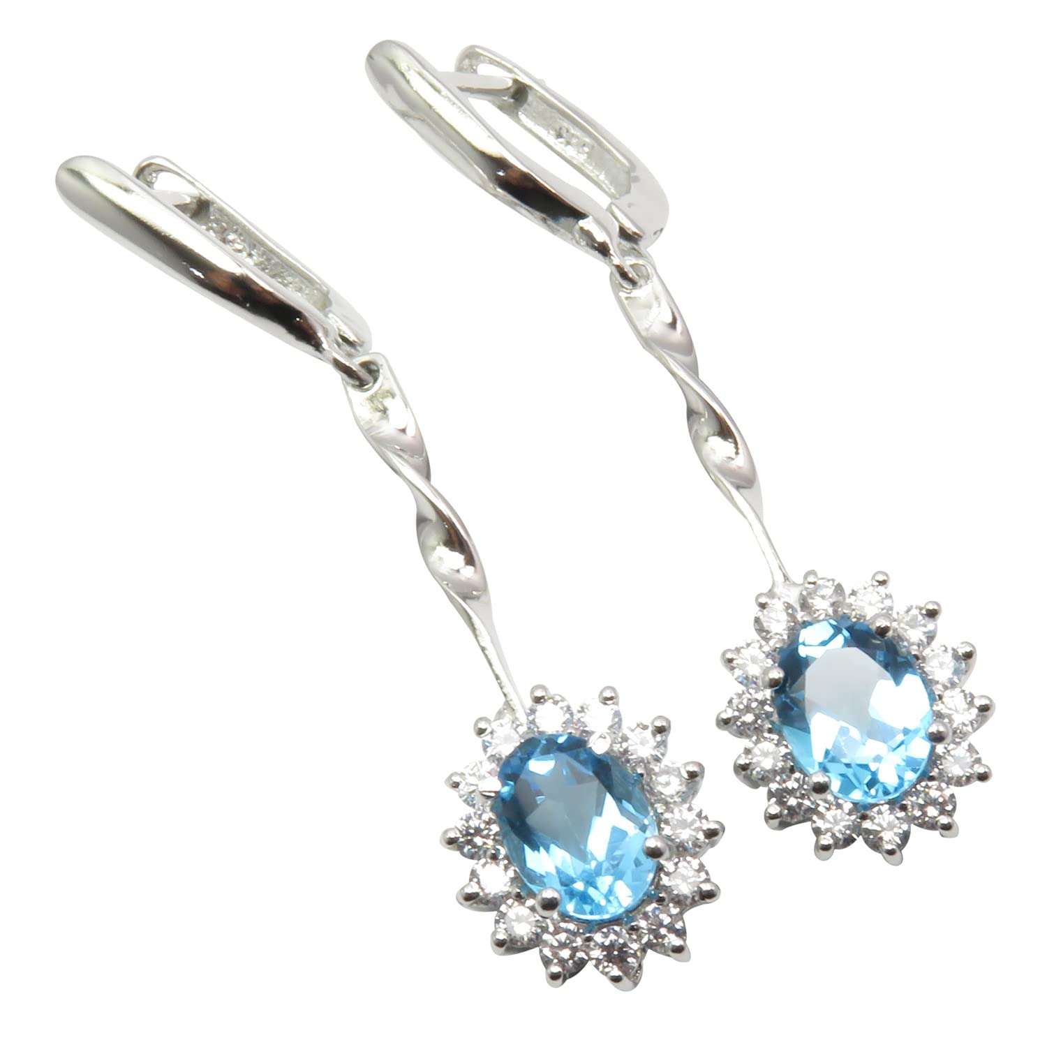 925 Sterling Silver Oval Blue Topaz Drop Earrings 4.4cm - Elegant Wedding & Party Jewelry for Women - Perfect for Bridal, Evening Wear & Special Occasions