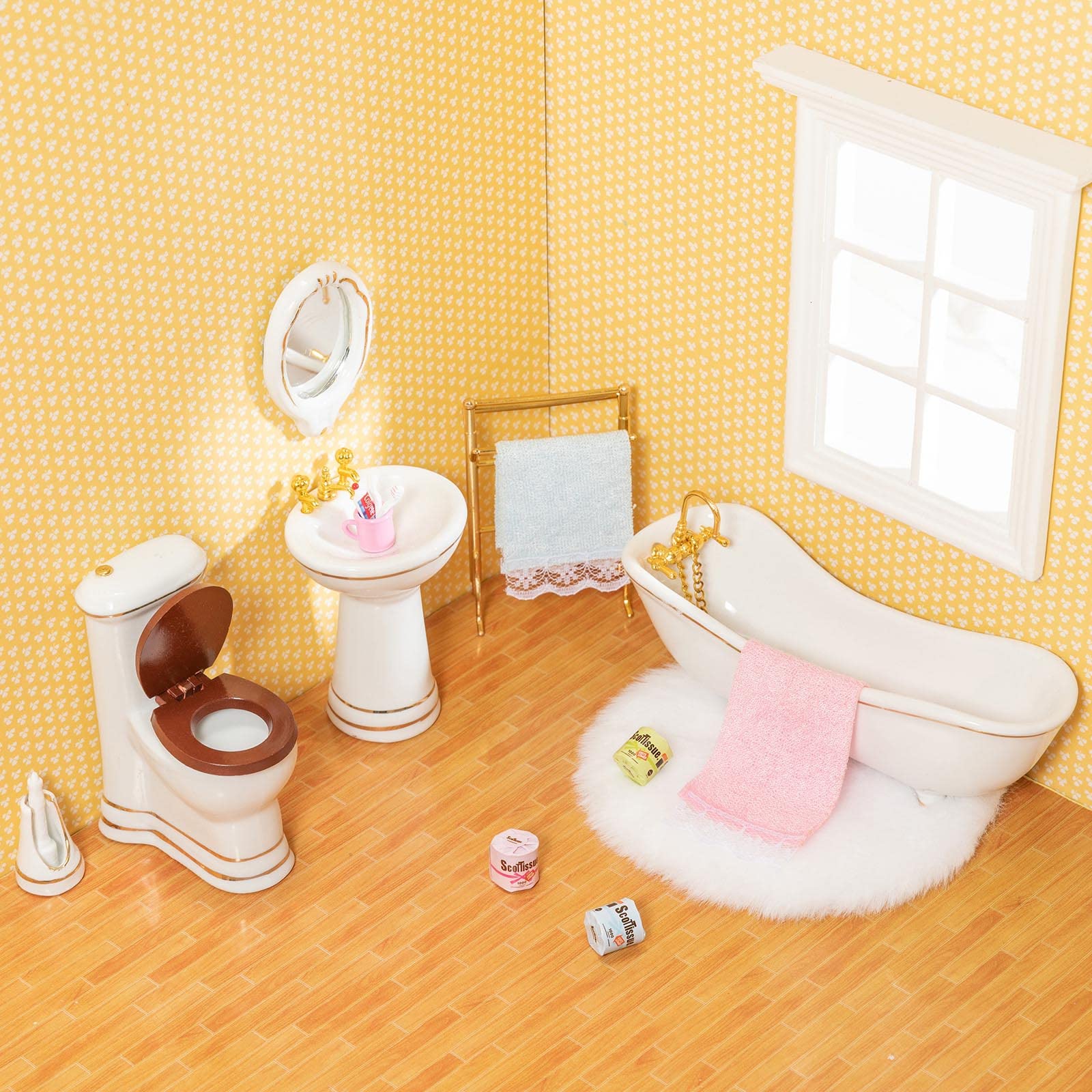 1:12 Scale SAMCAMI Ceramic Dollhouse Furniture Set - Miniature Bathroom Accessories with Toilet, Bathtub, Sink & Fluffy Rug | Perfect for Dollhouse Decor, Collectors & Kids Play