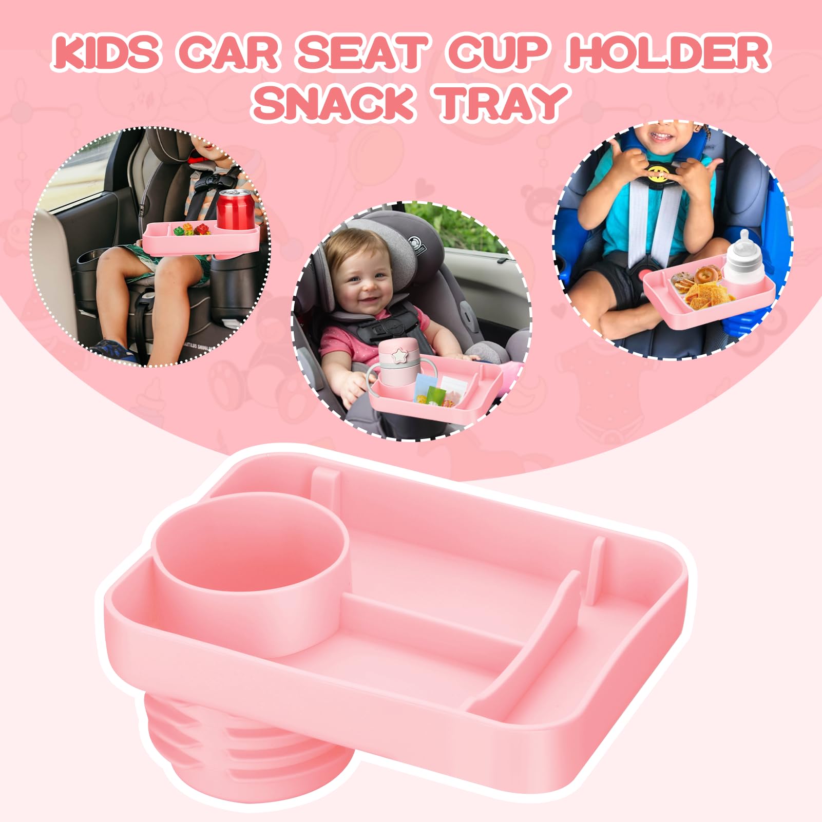 Silicone Car Seat Cup Holder Snack Tray for Kids - Expandable Travel Tray for Fruits, Toys, Books & Essentials - Fits Most Car Cup Holders (Pink) - Perfect for Road Trips, School Runs & Family Travel