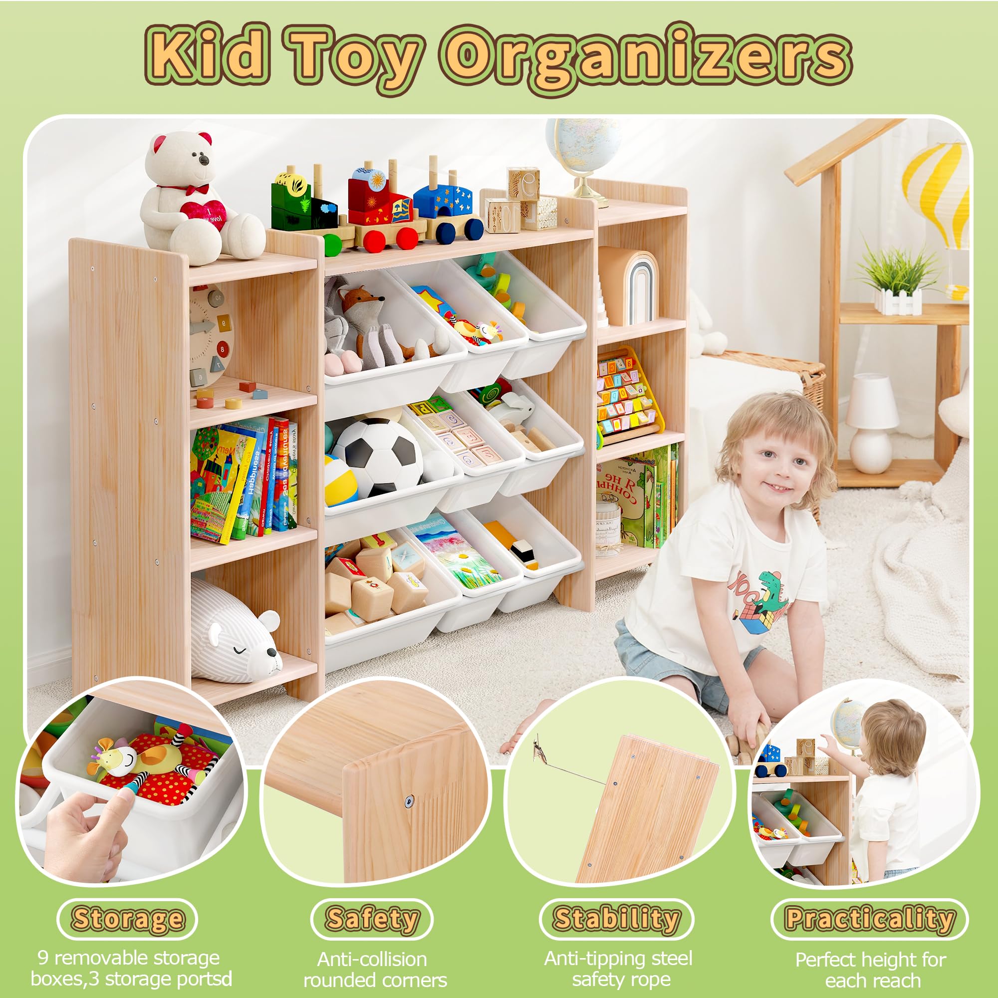 MallBest 4-Tier Kids Toy Storage Organizer Shelf - 100% Solid Wood Extra Wide Children's Storage Cabinet with 9 Plastic Bins & 6 Storage Ports | Perfect for Playroom, Bedroom & Classroom Organization