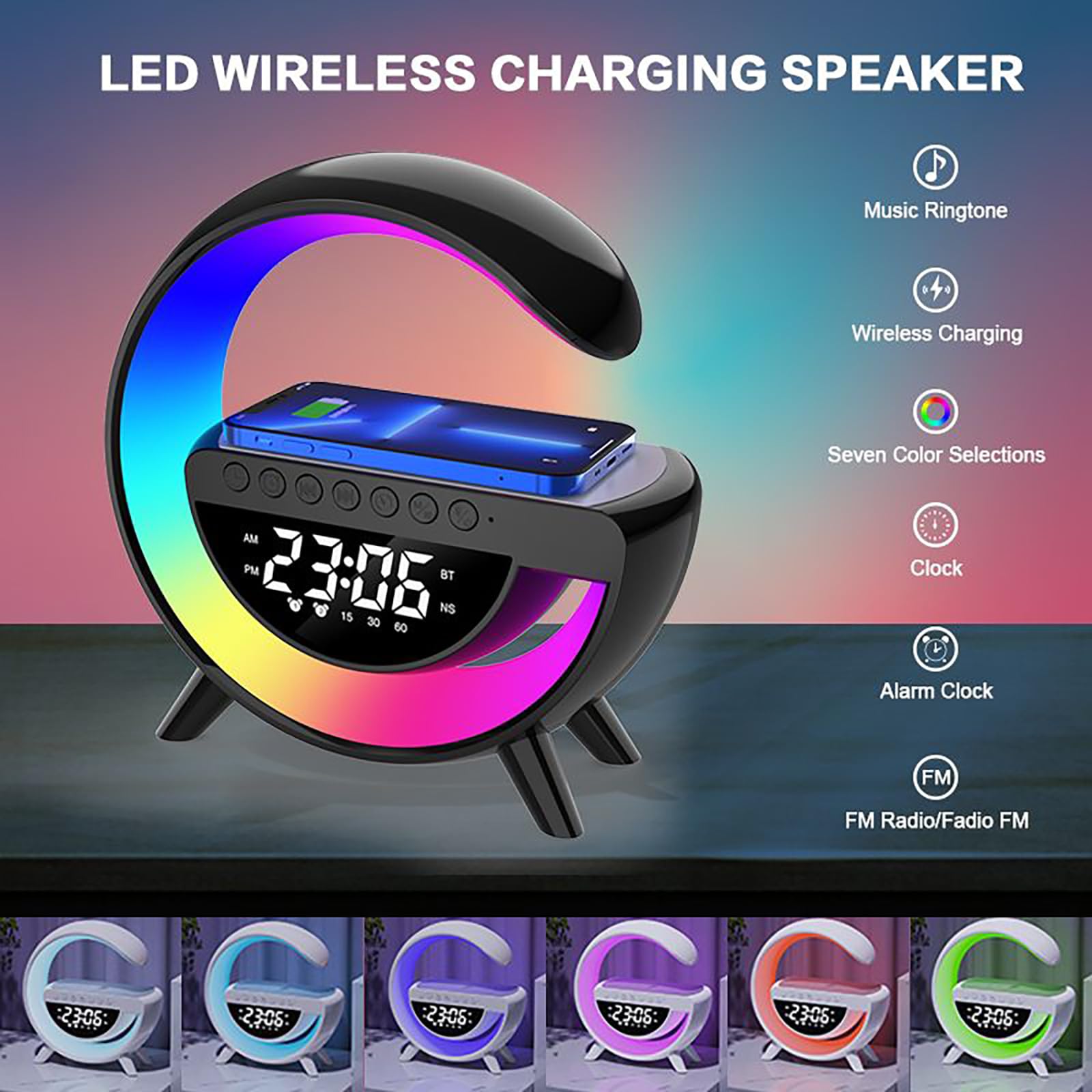 Wireless Charging Table Lamp with Bluetooth Speaker & Alarm Clock - LED Bedside Desk Lamp Night Light for Heavy Sleepers, Superfine Bedroom Home Decor (Black) | Perfect for Bedrooms, Offices, and Nightstands