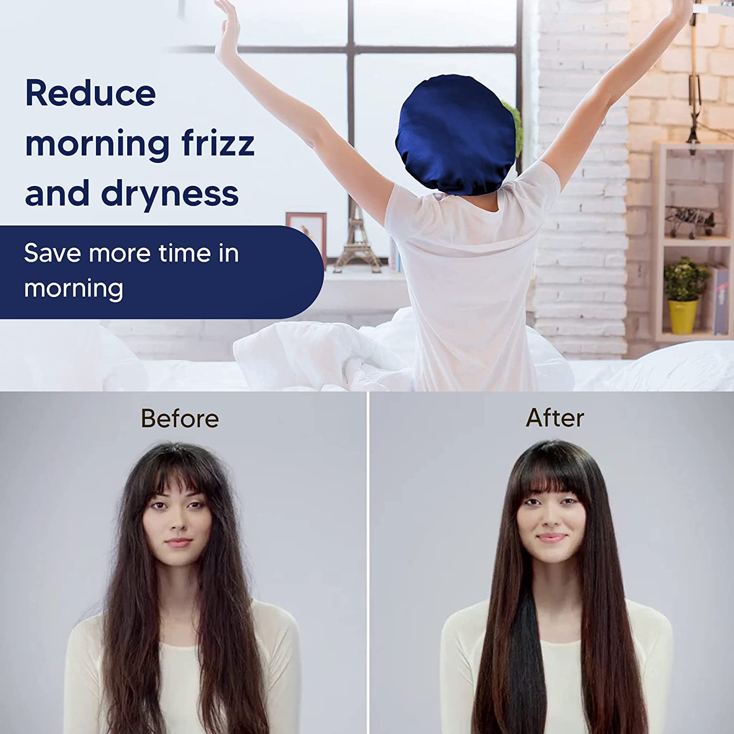 GO WELL Satin Silk Bonnet for Hair with 3 Satin Scrunchies - Adjustable Reversible Silk Hair Cap for Sleeping & Hair Protection - Perfect for Curly, Natural, Braided Hair - Nighttime Hair Care & Travel Essential