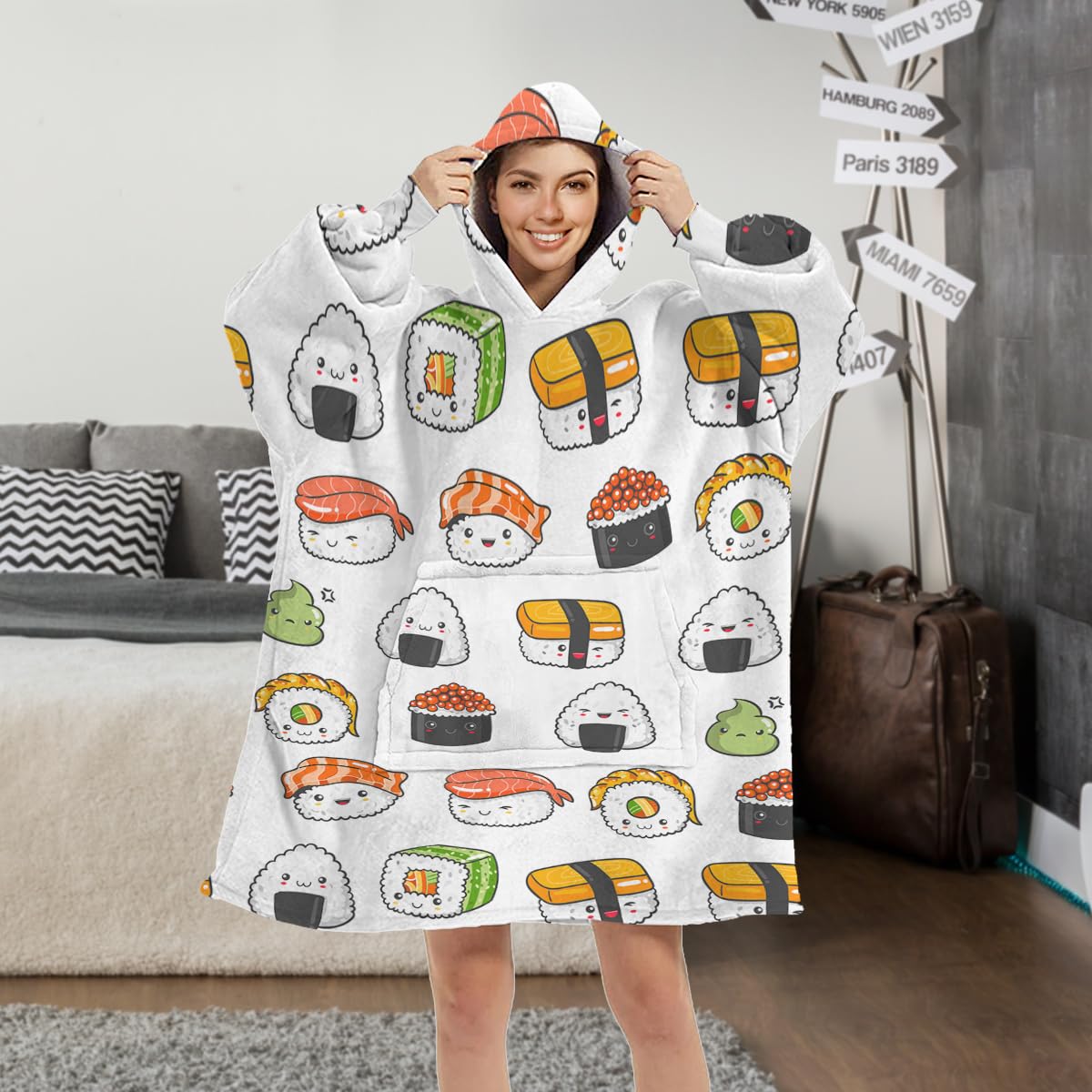 Sleepwish Sushi Hoodie Blanket - Kawaii Cartoon Sushi Print Wearable Blanket for Adults & Teens | Cozy Loungewear for Anime Fans, Sleepovers & Netflix Nights