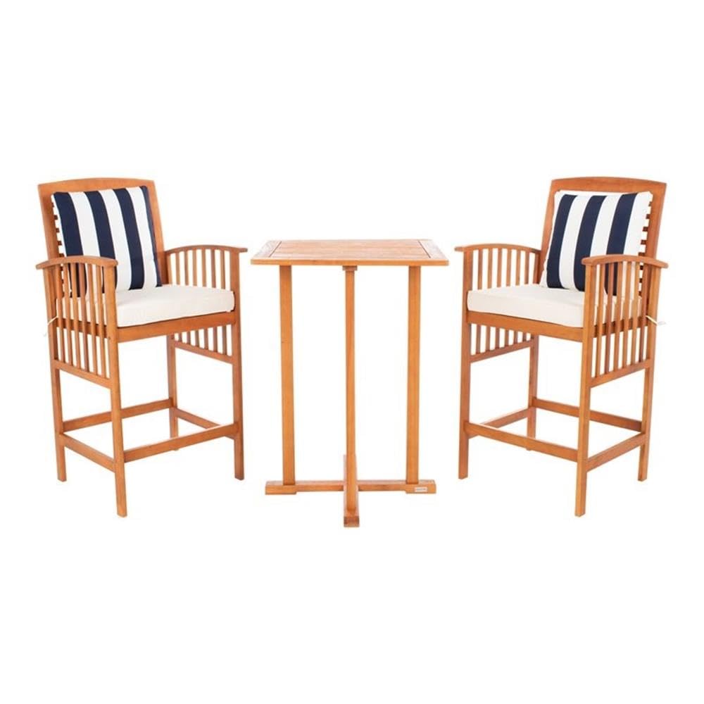 SAFAVIEH Outdoor Collection 3-Piece Bar Table Bistro Set with Pate Natural/Beige Thick Stripe Cushion Pillows - Perfect for Patio, Deck, Garden & Poolside Relaxation