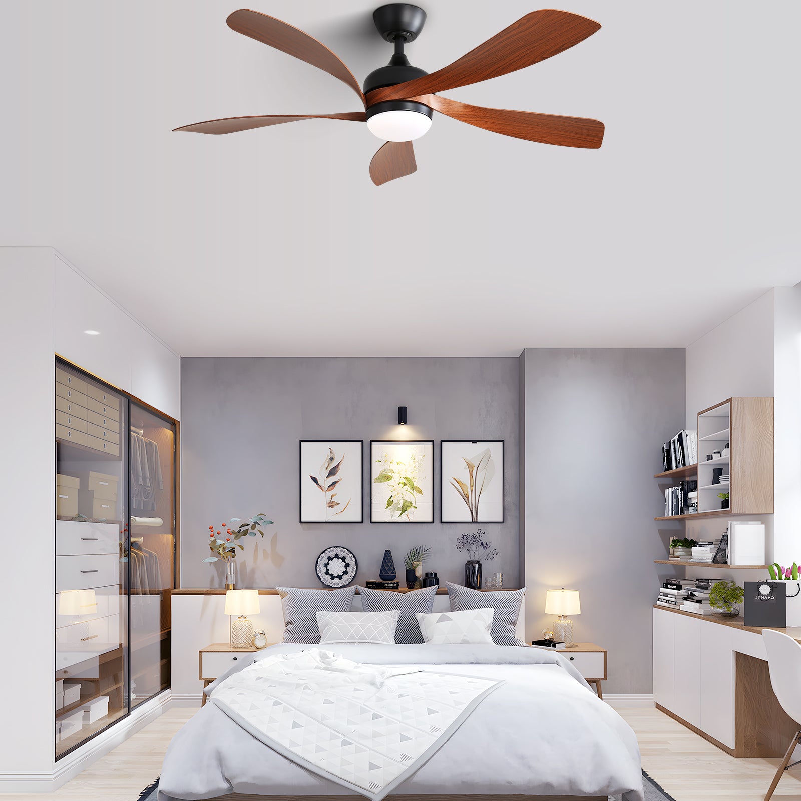 52 Inch Black Indoor Ceiling Fan with Remote Control - 3 Color Dimmable LED Light, 5 ABS Blades, Reversible DC Motor - Perfect for Living Room, Bedroom, and Office Spaces