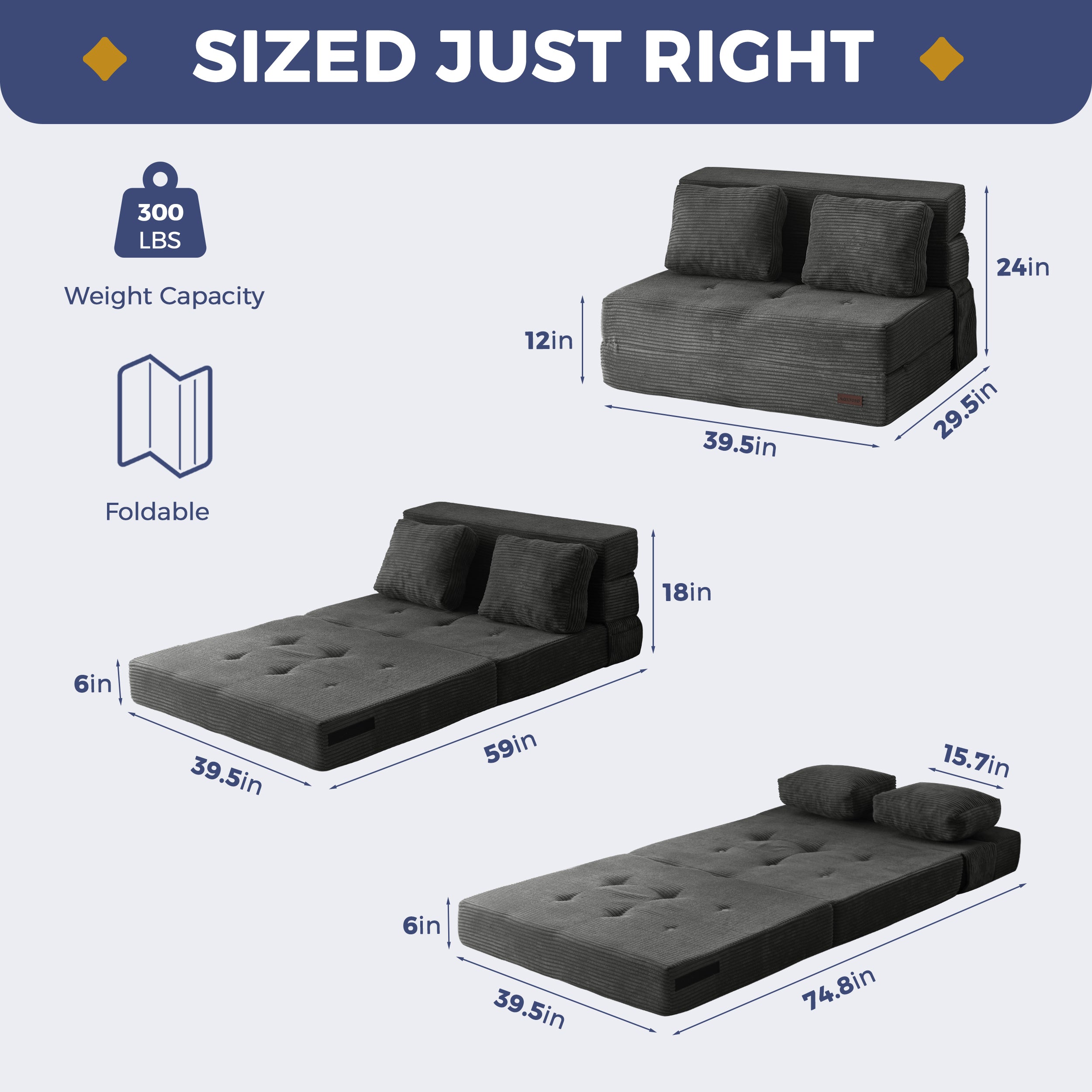 MAXYOYO 3-in-1 Convertible Sofa Bed - Foldable Single Sleeper Sofa with Pillow, Foam Floor Couch & Lazy Chair for Living Room, Bedroom or Guest Room (Dark Grey) | Perfect for Small Spaces, Overnight Guests & Cozy Lounging