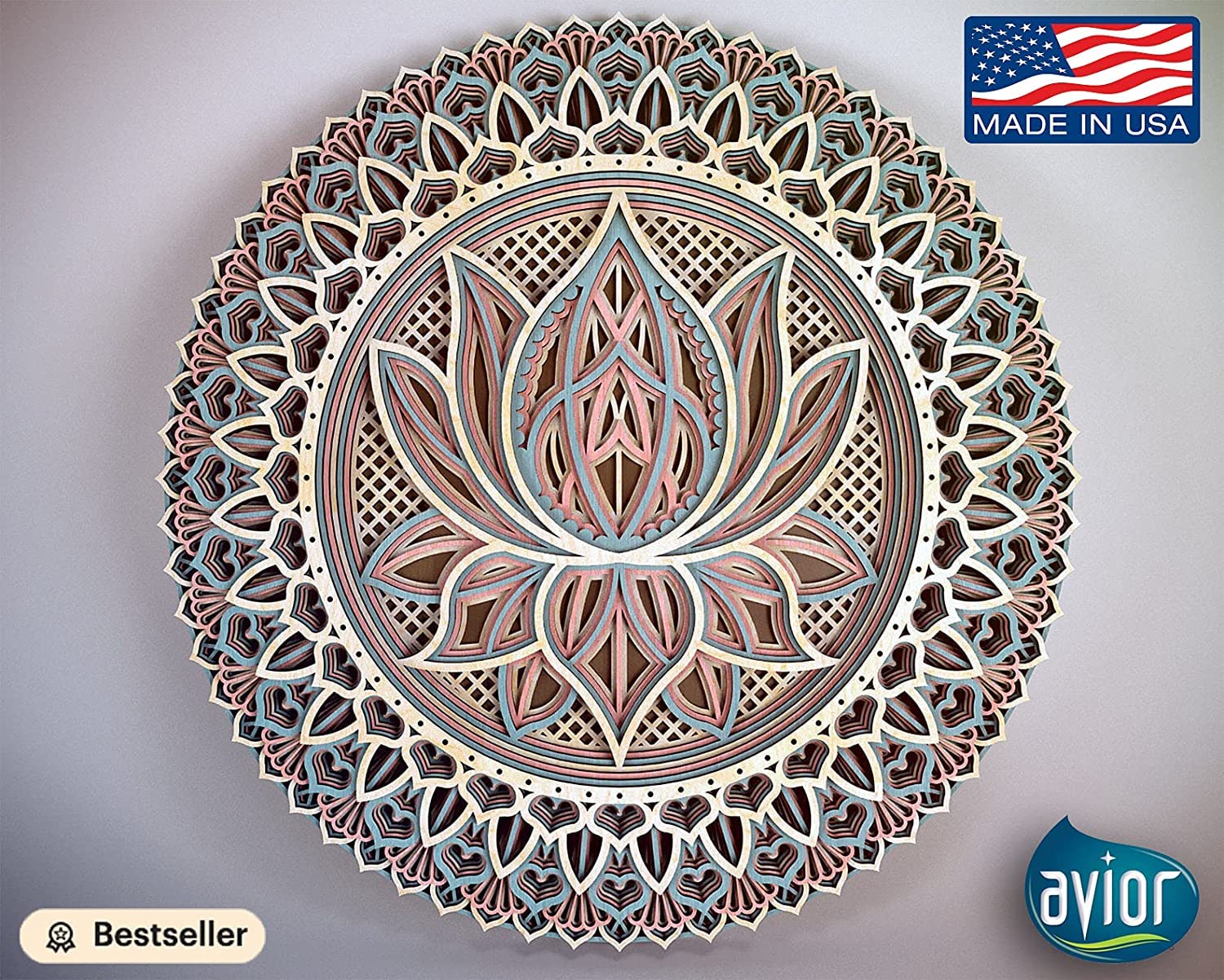 Avior Lotus Flower Mandala Wooden Wall Art - 20x20 Inches Handcrafted Yoga Decor, Bohemian Home & Office Wall Hanging for Meditation Spaces, Living Rooms, and Housewarming Gifts (50x50cm Natural Wood Layered Decor)