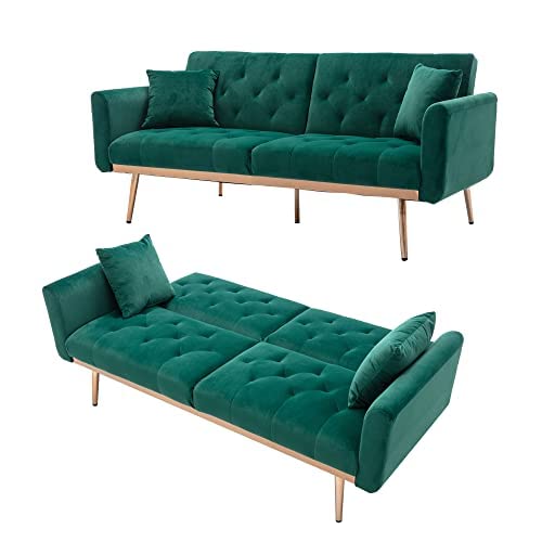 NOSGA Velvet Convertible Sleeper Sofa Bed - Modern Tufted Sofa with 2 Throw Pillows, Adjustable Folding Accent Sofa with Rose Gold Metal Legs for Living Room, Bedroom, Guest Room (Green) | Perfect for Small Spaces, Studio Apartments & Overnight Guests