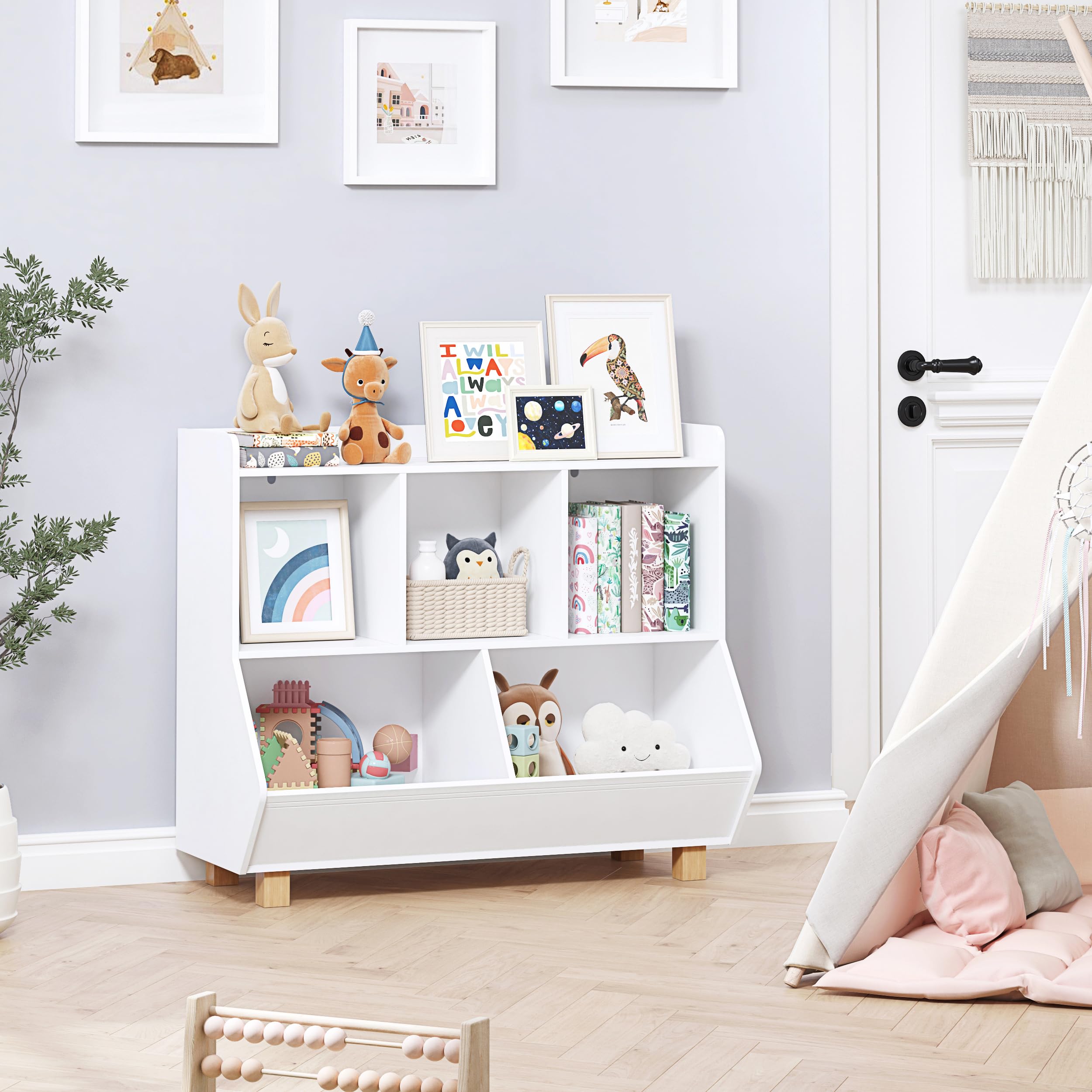UTEX 5-Cube Kids Toy Storage Organizer & Bookshelf with Legs - White Multifunctional Nursery Organizer for Toys, Books in Bedroom, Living Room, Playroom