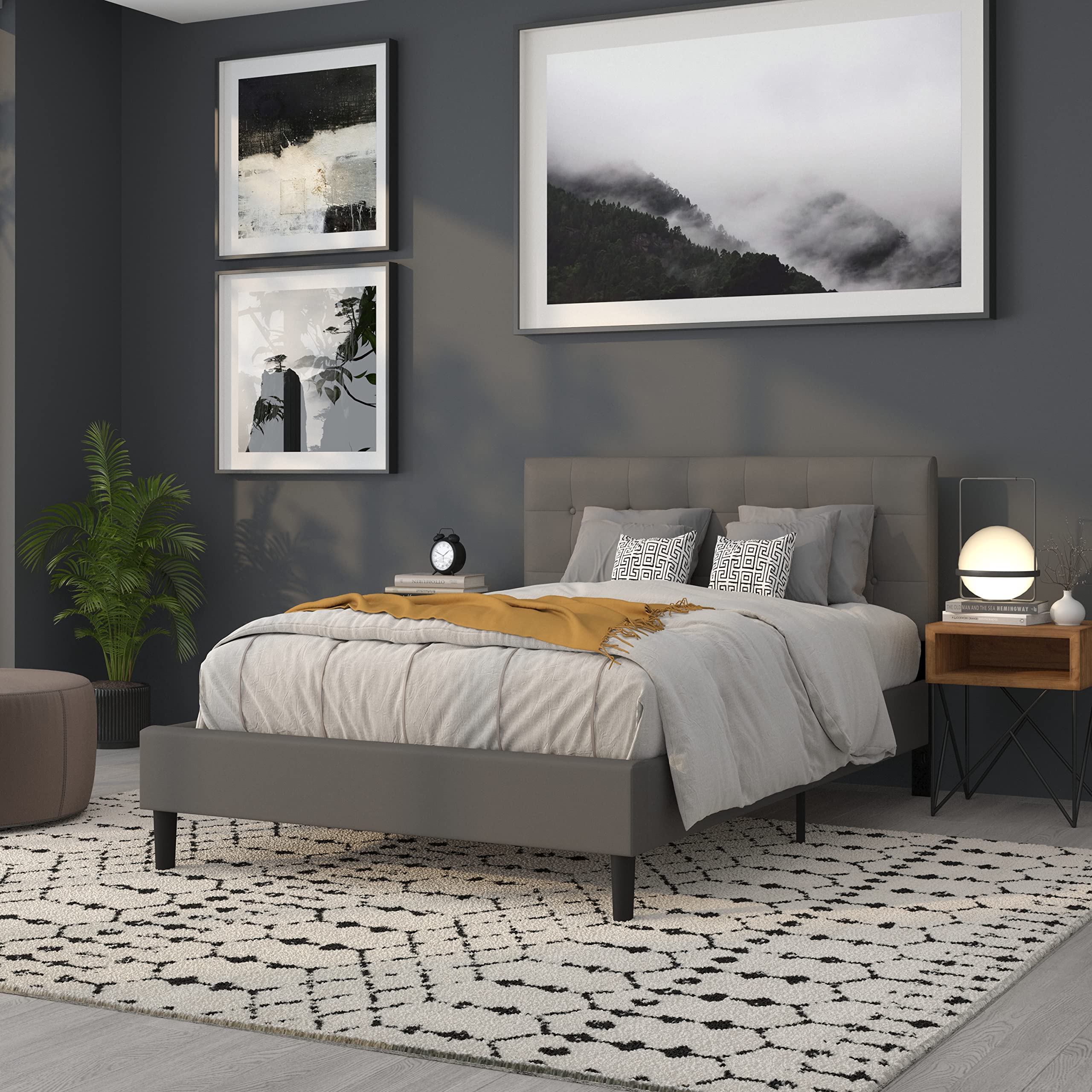 Flash Furniture Lennox Tufted Upholstered Full Size Headboard - Gray Vinyl Upholstery for Bedroom Decor, Modern Bed Frame Accent, Hotel Style Luxury Bedroom Upgrade