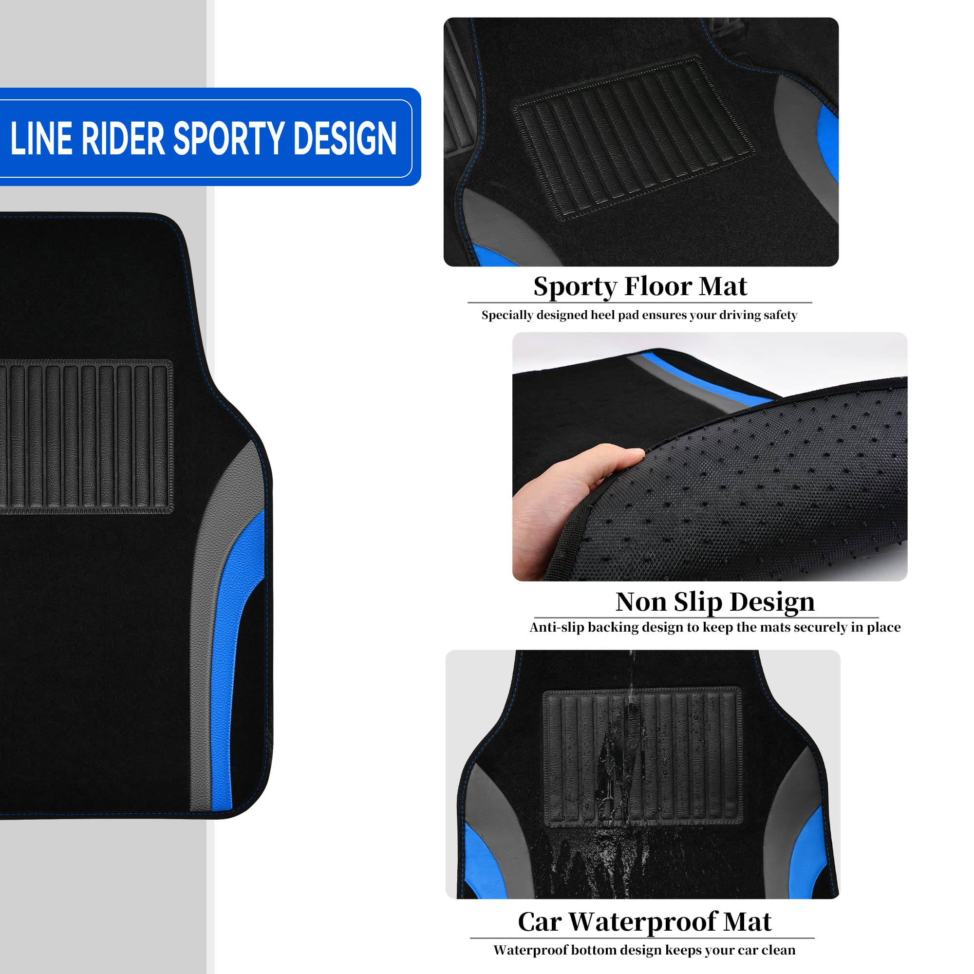 Premium Leather Sporty Car Floor Mats - Universal Waterproof Automotive Floor Liners for Sedans, SUVs, Trucks & Vans - 4-Piece Set (Black/Blue) - Durable Protection for All-Weather Driving & Easy Cleaning