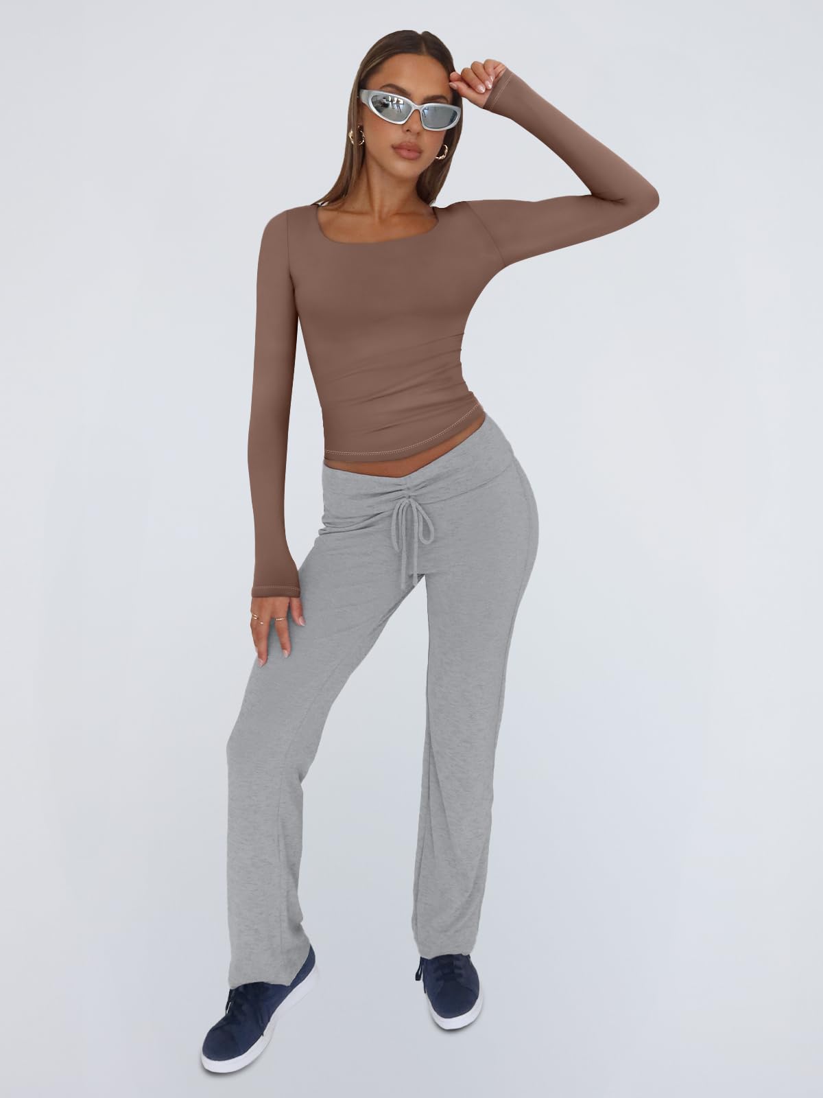 Trendy Queen Women's Long Sleeve Crop Top Square Neck Basic Tee - Y2K Winter Fashion 2025 - Perfect for Casual Outings, Parties & Streetwear Style