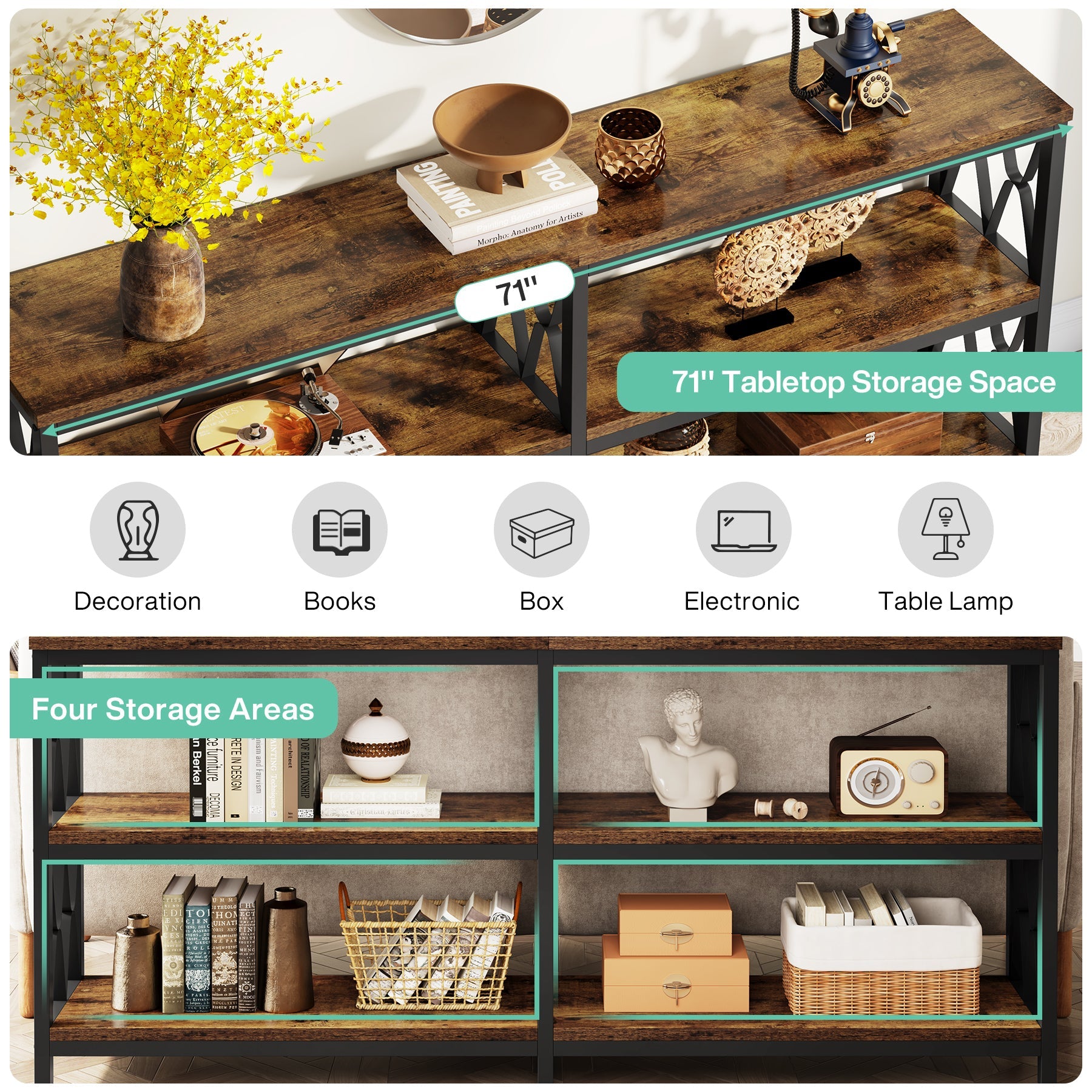 3-Tier Industrial Console Table - 70.9