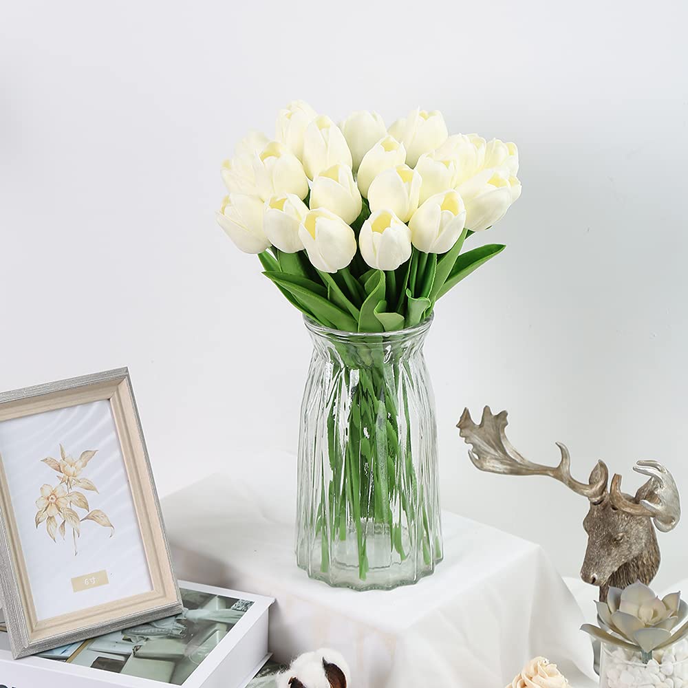 24PCS IPOPU Real Touch Artificial Tulips Flowers - Cream Faux Tulip Decor for Home, Table Centerpieces, Baby Shower & Wedding Arrangements | Lifelike Fake Flowers for Vase, DIY Crafts & Seasonal Decor (Off White)