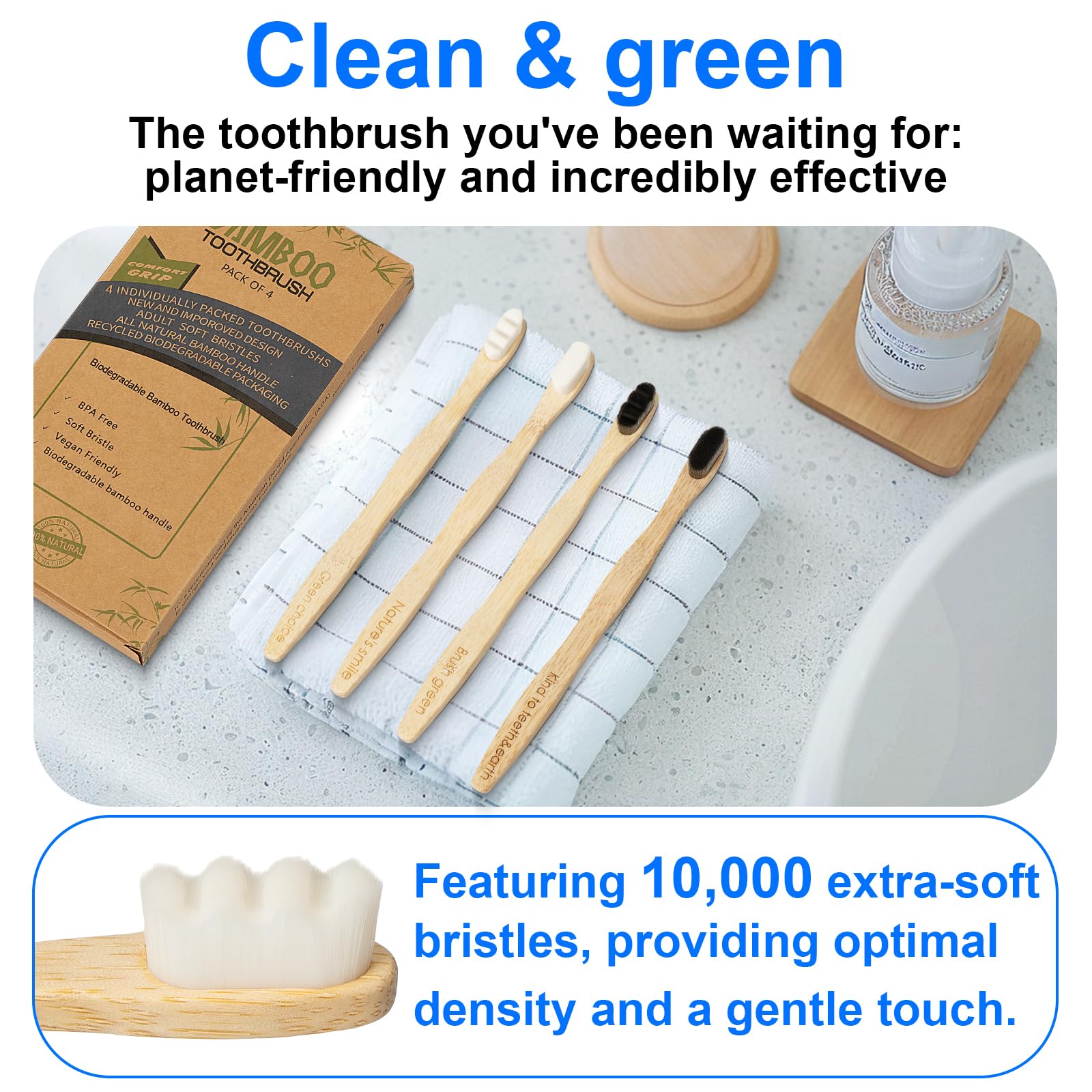 Eco-Friendly Bamboo Toothbrushes for Adults - 10,000 Ultra Soft Bristles, Pack of 4 | Biodegradable & Sustainable Oral Care | Perfect for Travel, Home Use & Zero-Waste Lifestyle