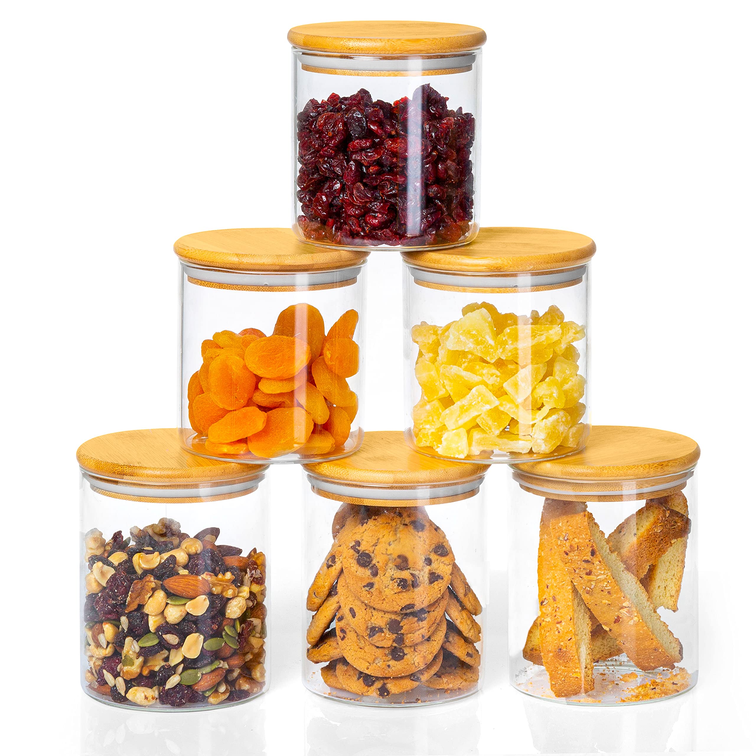 Crutello 6-Piece Glass Food Storage Containers with Bamboo Lids - 3x 26oz & 3x 23oz Airtight Kitchen Canisters for Flour, Sugar, Coffee, Dry Goods - Perfect for Pantry Organization & Meal Prep