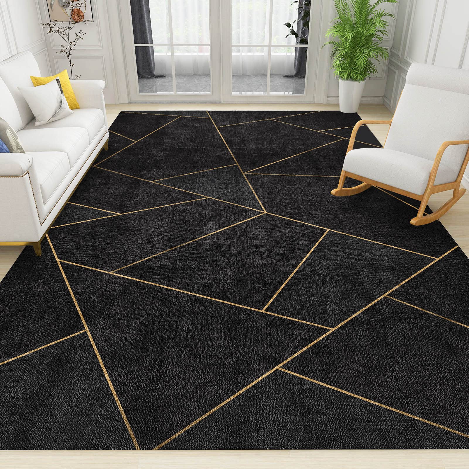 Black Geometric Abstract Area Rug - Stain Resistant Golden Line Art Gallery Floor Carpet - Soft Non-Shedding 5x8 Feet - Perfect for Living Room, Bedroom & Office Decor - Modern Home & Interior Design Accent