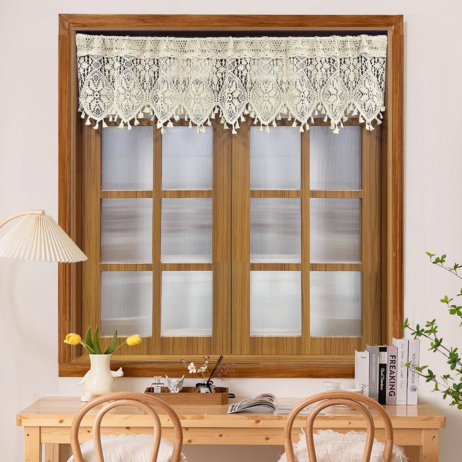 Rustic Crochet Cotton Lace Kitchen Valance Curtains - Farmhouse Tassel Window Treatments for Small Windows (59