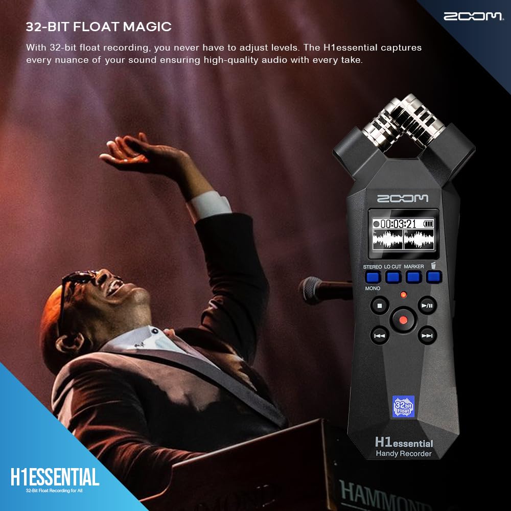 Zoom H1 Essential Stereo Handy Recorder - Portable Audio Recorder with 32-Bit Float, USB & X/Y Microphone, 64GB SD Card, Tripod & AAA Batteries - Perfect for Music Recording, Vlogging, Podcasting & Film Making