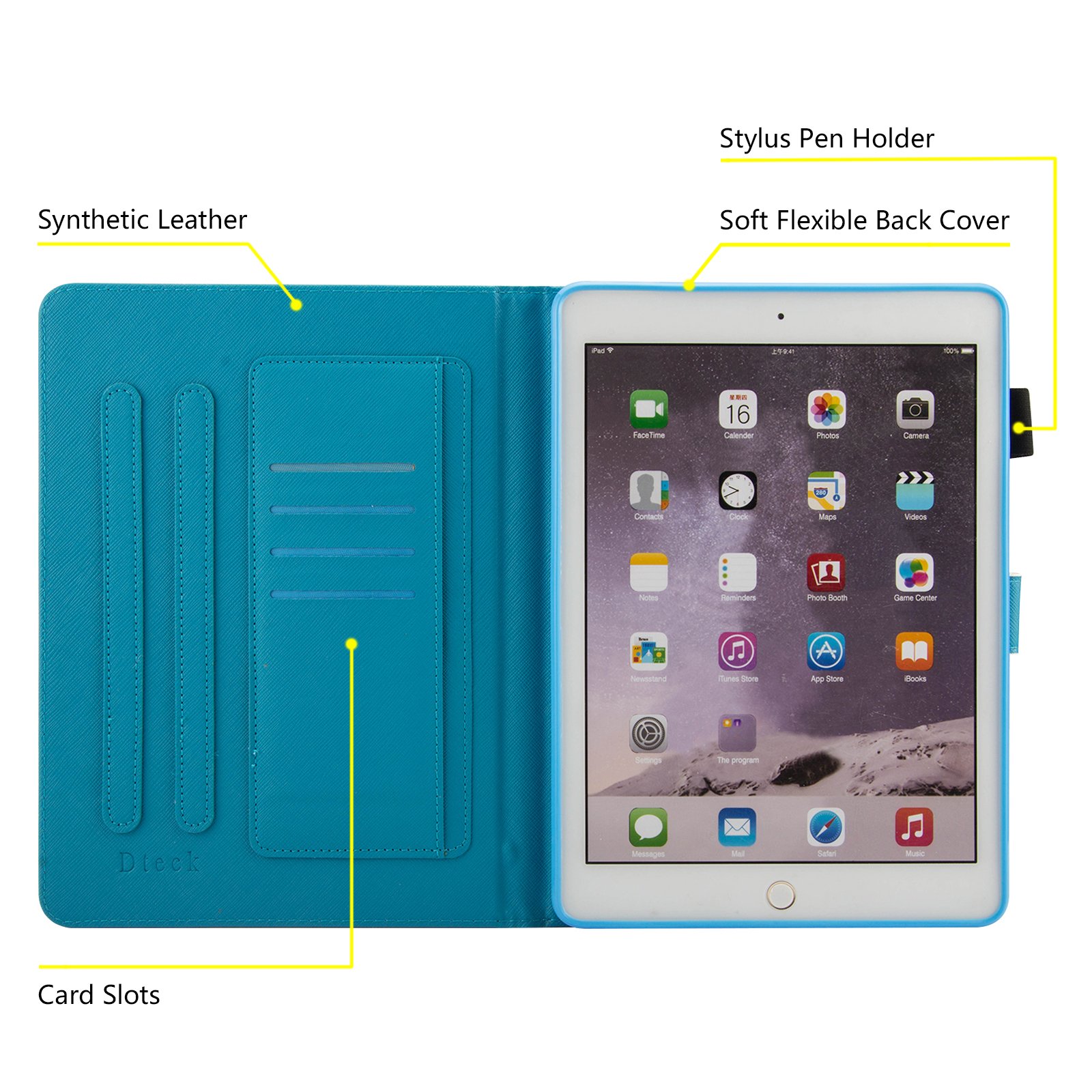 Dteck PU Leather Flip Stand Case for iPad 6th/5th Gen (2018/2017), iPad Air 2 & iPad Air (9.7 Inch) - Cute Unicorn Design Smart Cover with Card Slots | Perfect for Work, School & Travel Protection