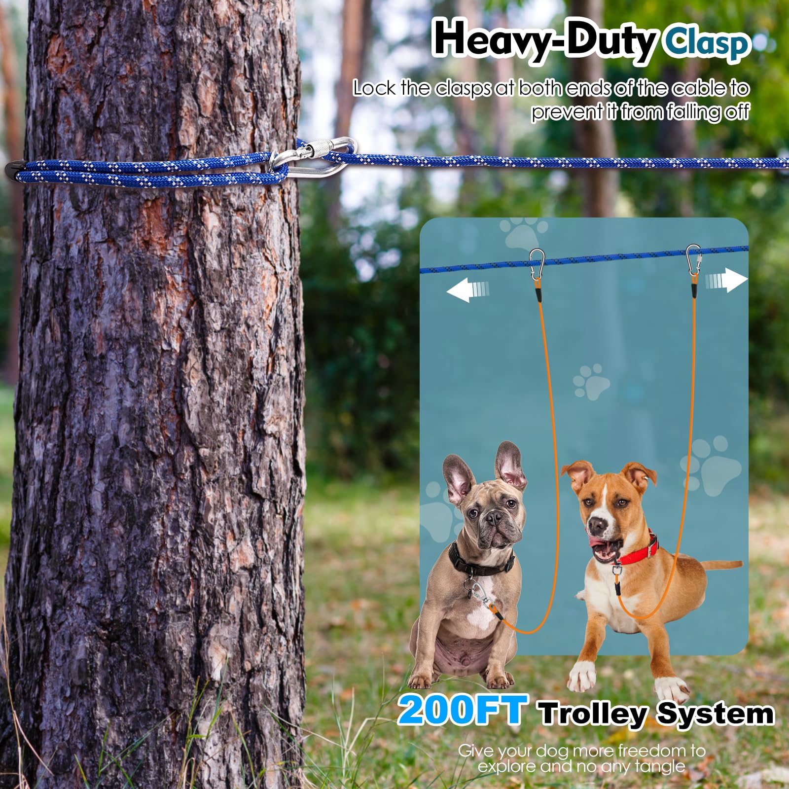 Snagle Paw 200FT Heavy Duty Dog Runner Leash - 3-in-1 Reflective Dog Tie Out Cable for Small, Medium & Large Dogs - Outdoor Training Lead for Yard, Park, Camping & Backyard (Blue, 2 Dog Pack) - Perfect for Secure Playtime, Exercise & Outdoor Adventures