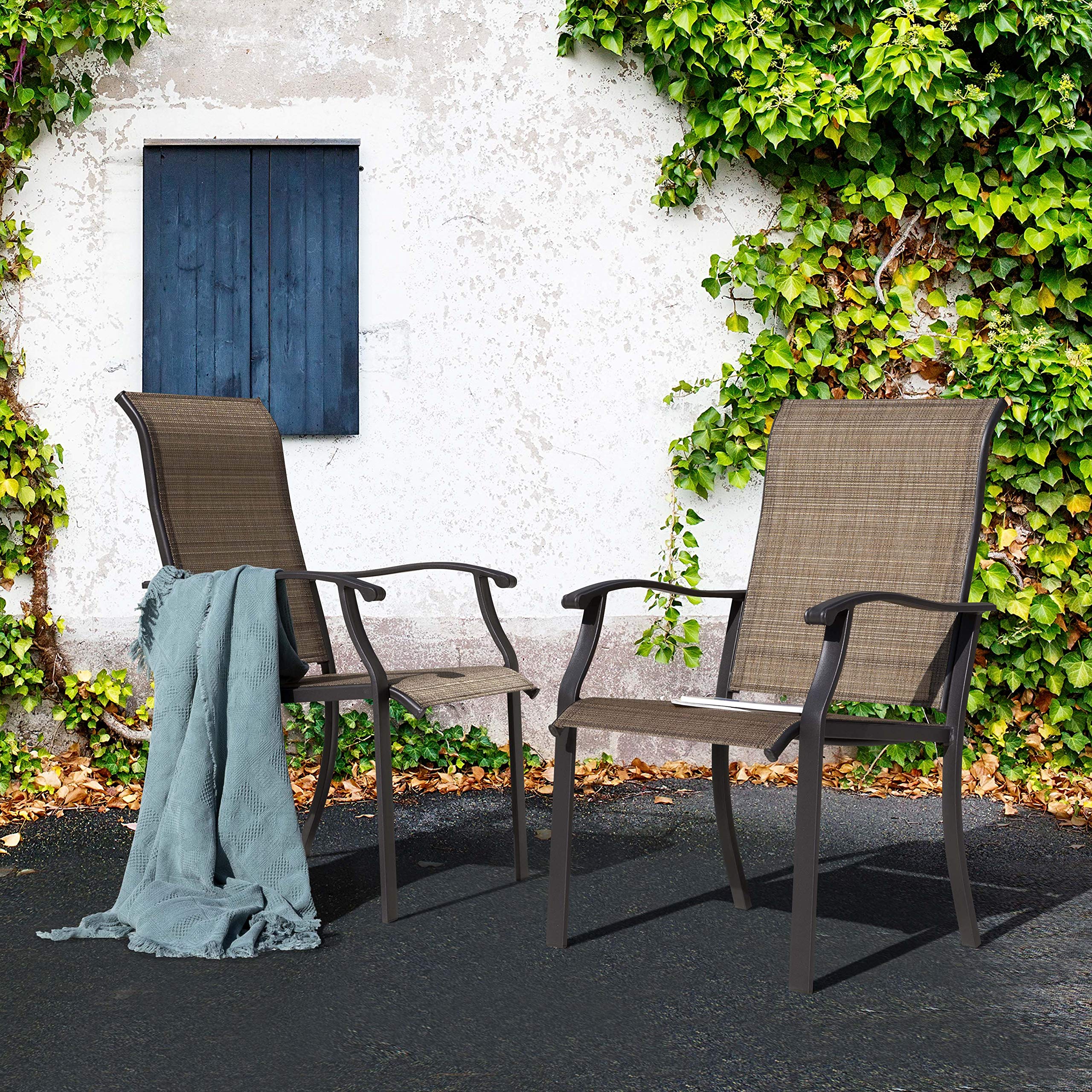 NUU GARDEN 4-Piece Outdoor Patio Dining Chairs Set - Textilene High Back Chairs with Armrests, Sturdy Iron Frame - Perfect for Lawn, Garden, Backyard, Deck & Poolside (Black & Brown) - Ideal for Outdoor Dining, Lounging & Entertaining Guests