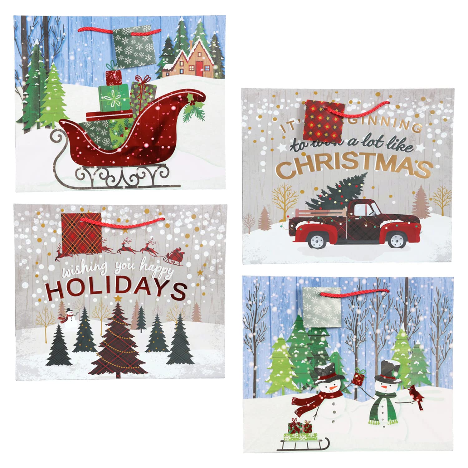 Charmed By Dragons Rustic Farmhouse Gift Bags with Buffalo Plaid Tissue Paper - 10x12x5 Inch Christmas Gift Wrap Bundle (Set of 4) - Perfect for Holiday Presents, Party Favors & Festive Home Decor