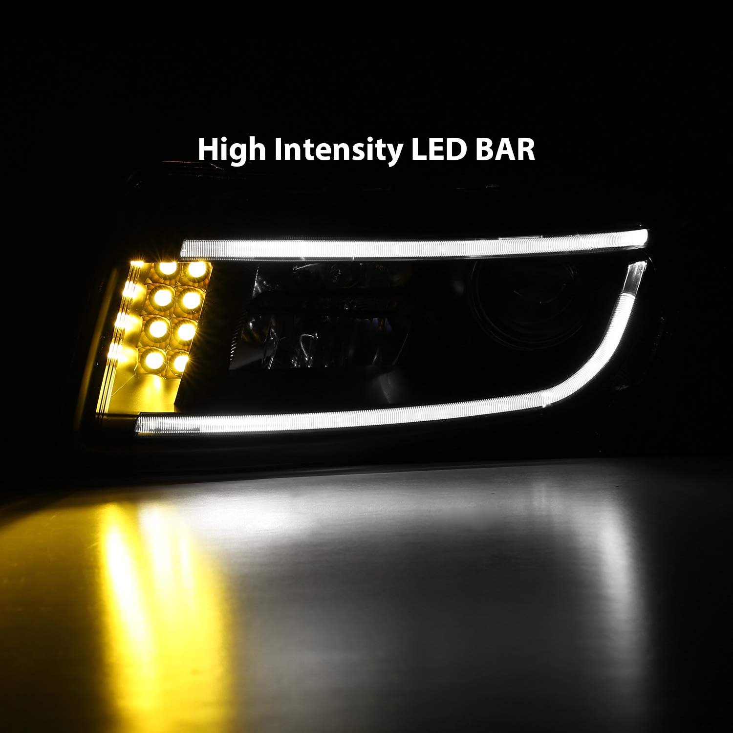 AmeriLite LED Headlights for Jeep Grand Cherokee 2014-2016 - Black Housing Projector Halogen SUV Light Assembly with Turn Signal & LED Bar - Perfect for Off-Roading & Night Driving