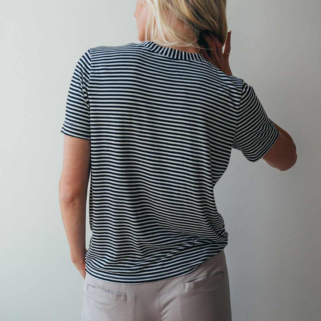 BYU Boyfriend T-Shirt - Black and Ivory Striped Cotton Tee for Women - Casual Loungewear & Everyday Outfits