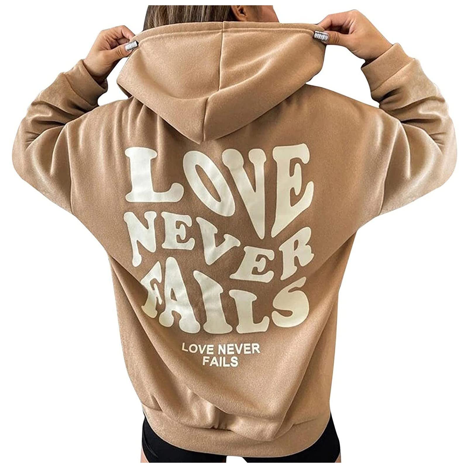 Love Never Fails Women's Pullover Hoodie - Letter Print Thick Winter Sweatshirt, Casual Long Sleeve Tops for Ladies, Plus Size Trendy Fleece (Khaki) - Perfect for Winter Outfits, Coffee Dates & Cozy Evenings