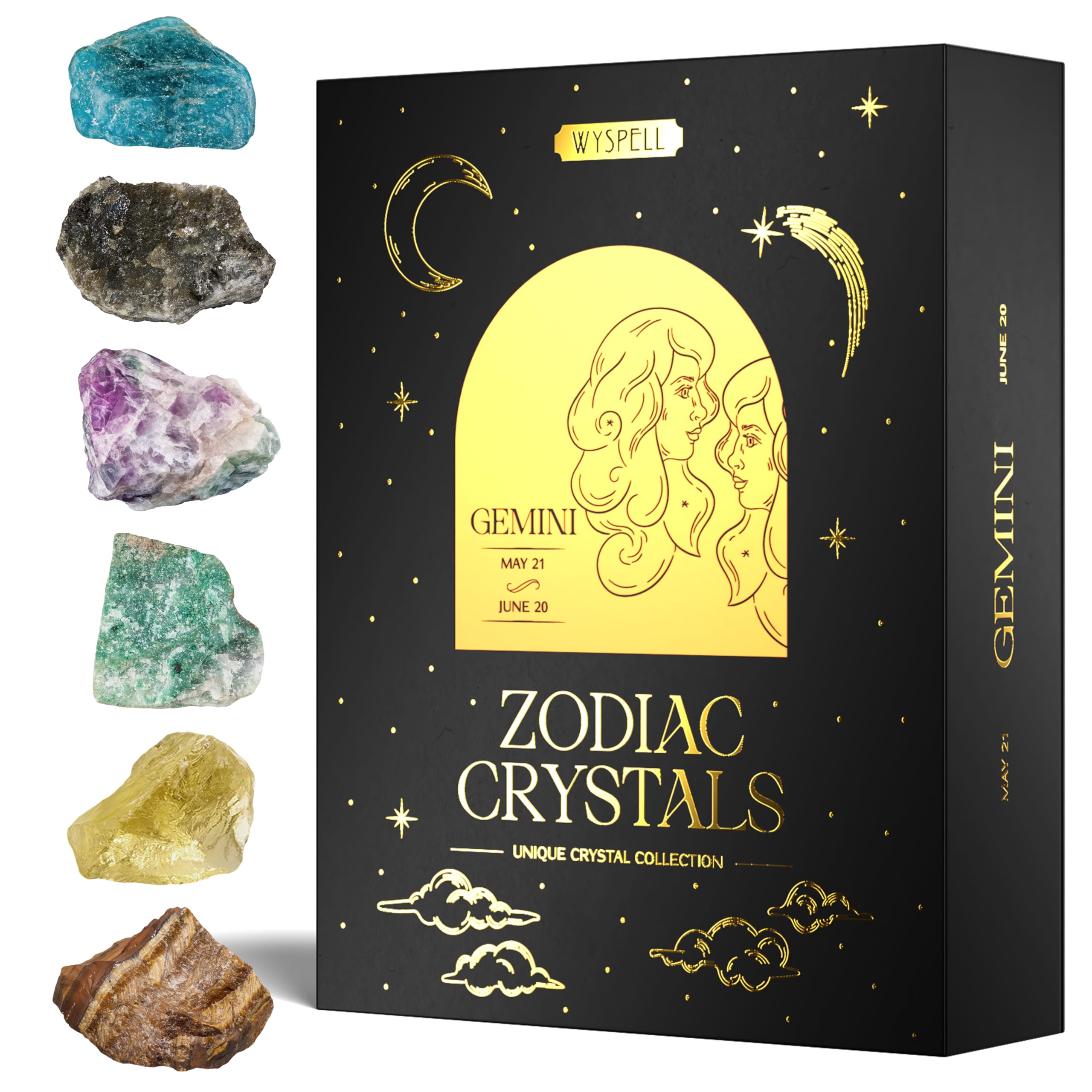 Wyspell Gemini Crystal Set - 6 Raw Natural Healing Stones for Zodiac Gifts, Birthday Presents & Spiritual Healing - Perfect for Meditation, Reiki Energy Work & Astrology Enthusiasts