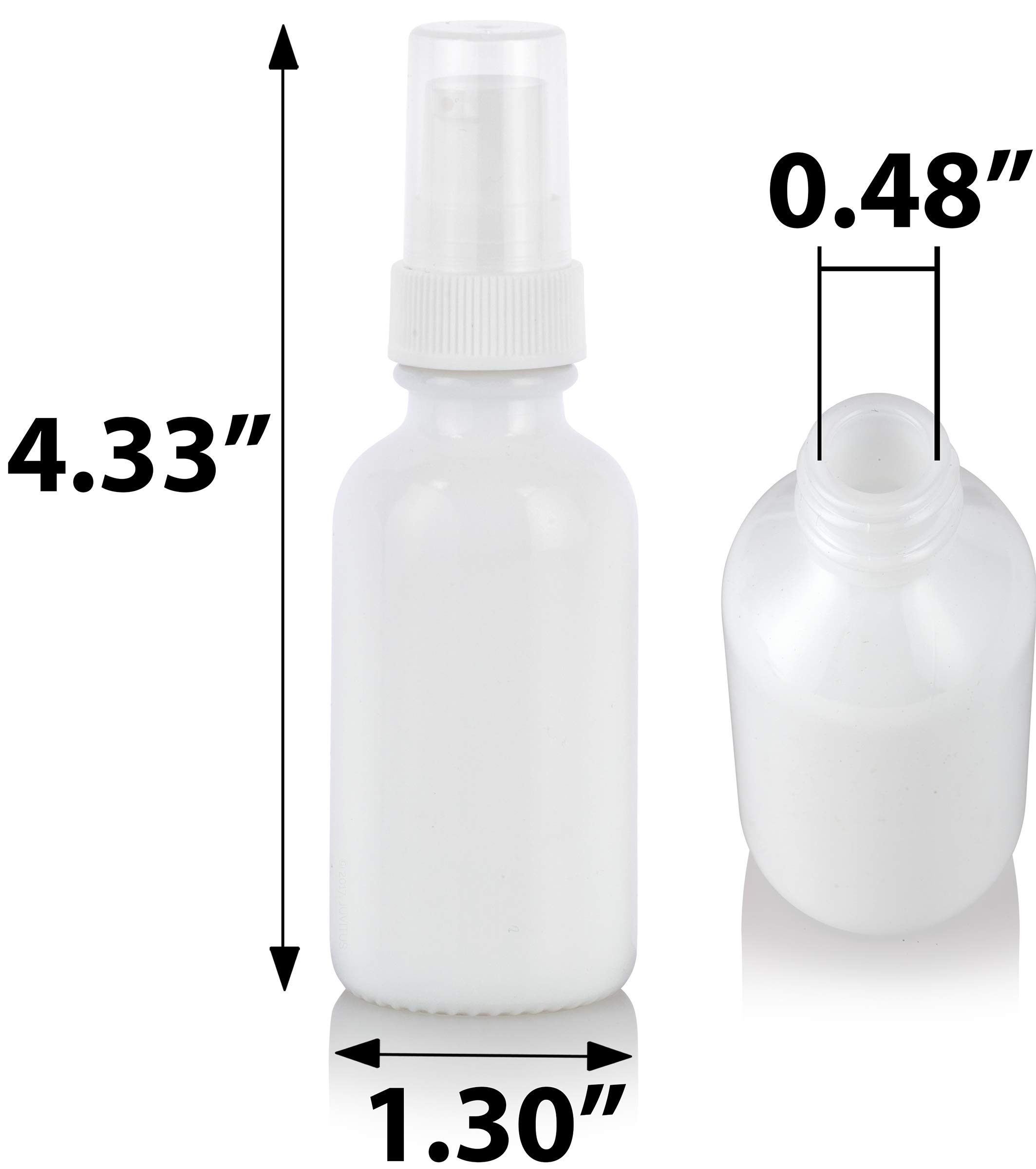 JUVITUS 1 oz Opal White Glass Boston Round Bottle with White Treatment Pump (24 Pack) + Funnel - Perfect for Essential Oils, DIY Skincare, and Cosmetic Packaging