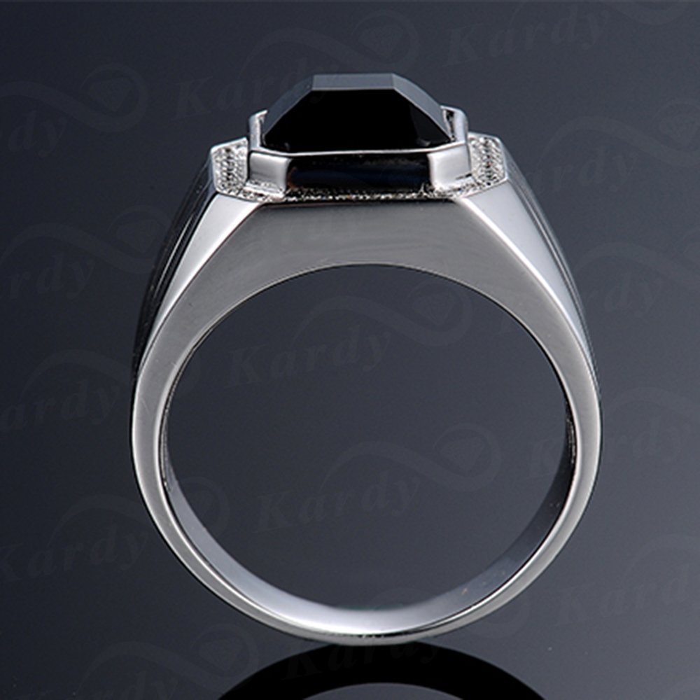 Men's Natural Black Agate & Cubic Zirconia 925 Silver White Gold Plated Engagement Ring Set - Promise Band for Wedding, Anniversary & Special Occasions