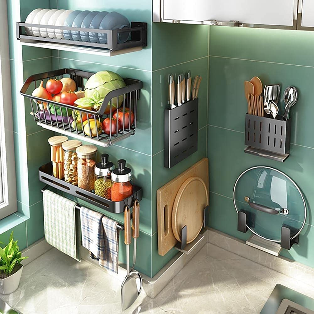 Stainless Steel 1-Tier Wall Mounted Fruit and Vegetable Basket - Drained Kitchen Storage Rack for Fruits, Veggies, Sponges - Perfect for Small Kitchens, Bathrooms & Pantries (Large, Silver)