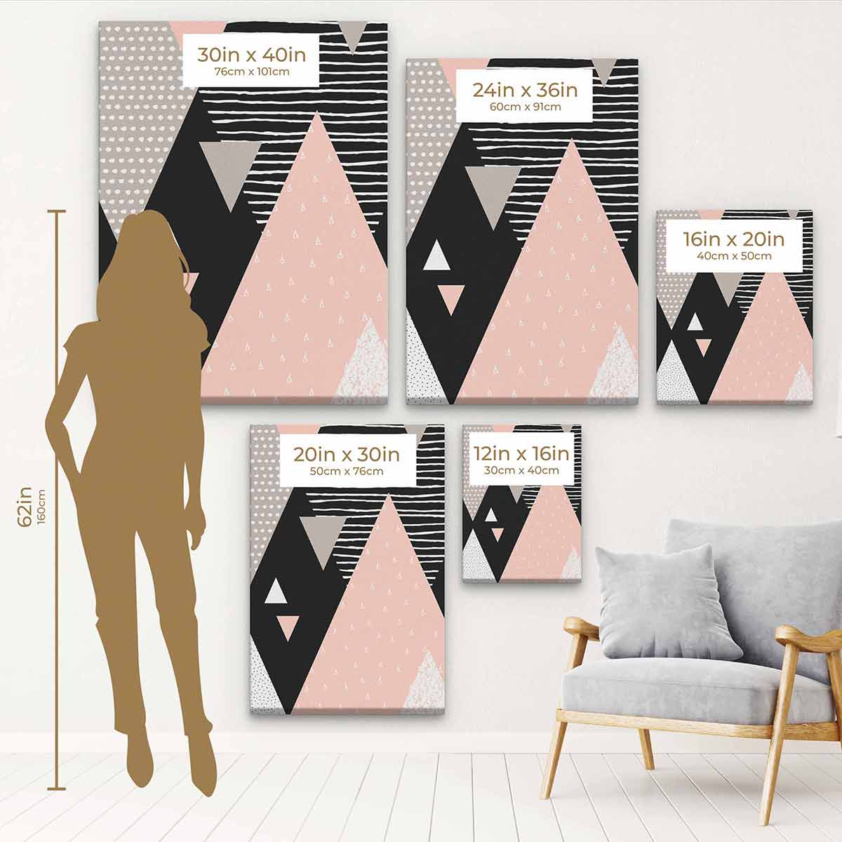 Pink Triangle Wall Art Canvas 4388 - Modern Abstract Geometric Painting for Living Room, Bedroom & Office Decor