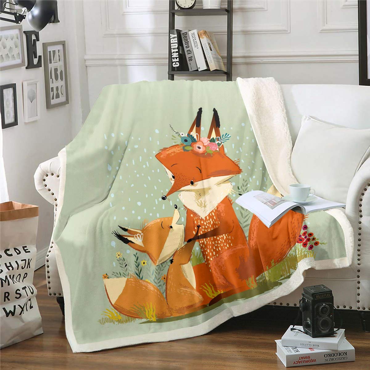 Fox Print Plush Blanket for Kids - 3D Animal Sherpa Throw for Bedroom & Nursery Decor