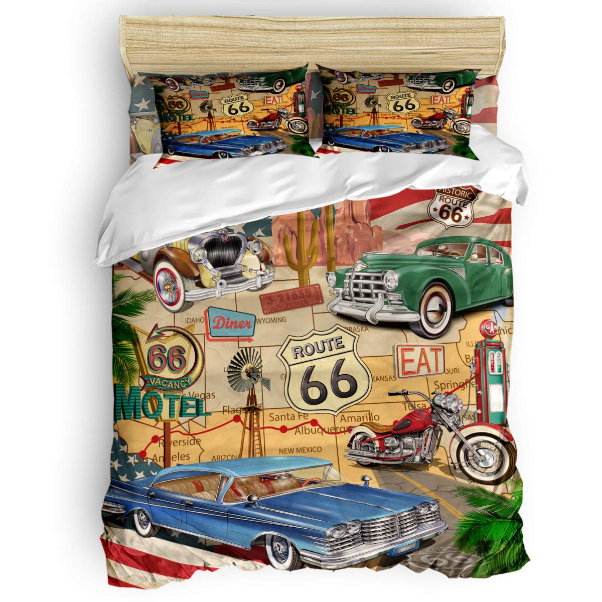 EZON-CH Cute Cartoon Car Motorcycle Duvet Cover Set for Kids - Soft Twin Size Bedding Set with 1 Duvet Cover, 1 Flat Sheet & 2 Pillowcases - Perfect for Boys & Girls Bedroom Decor, Themed Sleepovers and Kids Room Makeover
