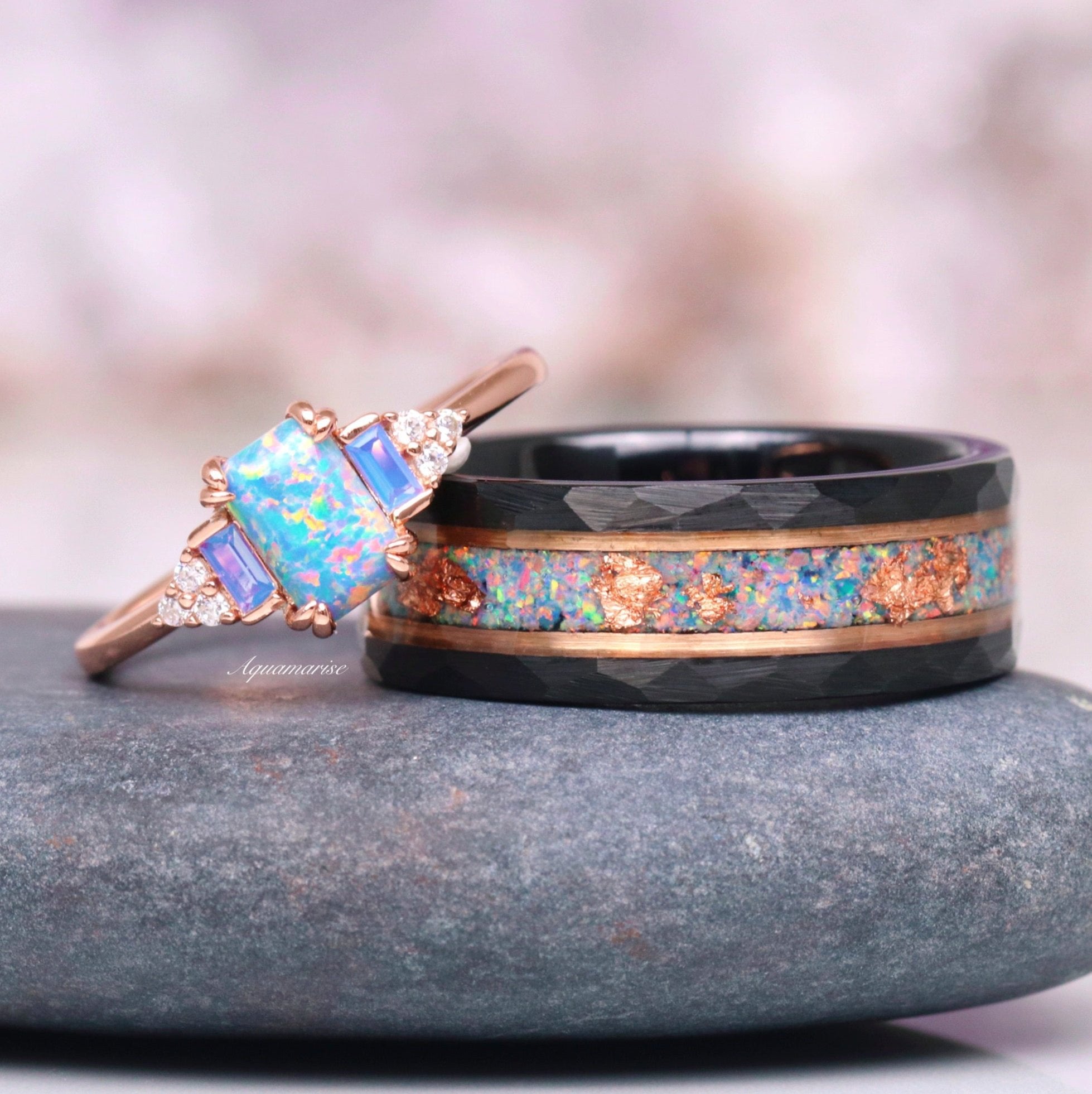 Light Blue Fire Opal & Opalescent Sapphire Couples Ring - Elegant Matching Wedding Bands for Him & Her - Perfect for Anniversaries, Engagements & Romantic Gifts