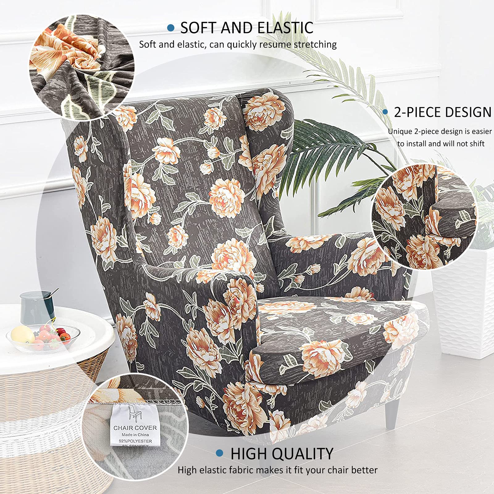 Printed Stretch Wing Chair Slipcover - 2 Piece Wingback Chair Cover Set, Soft Spandex Armchair Slipcovers, Removable & Washable Furniture Protector for Living Room, Bedroom, Office - Perfect for Home Decor Refresh & Pet Protection