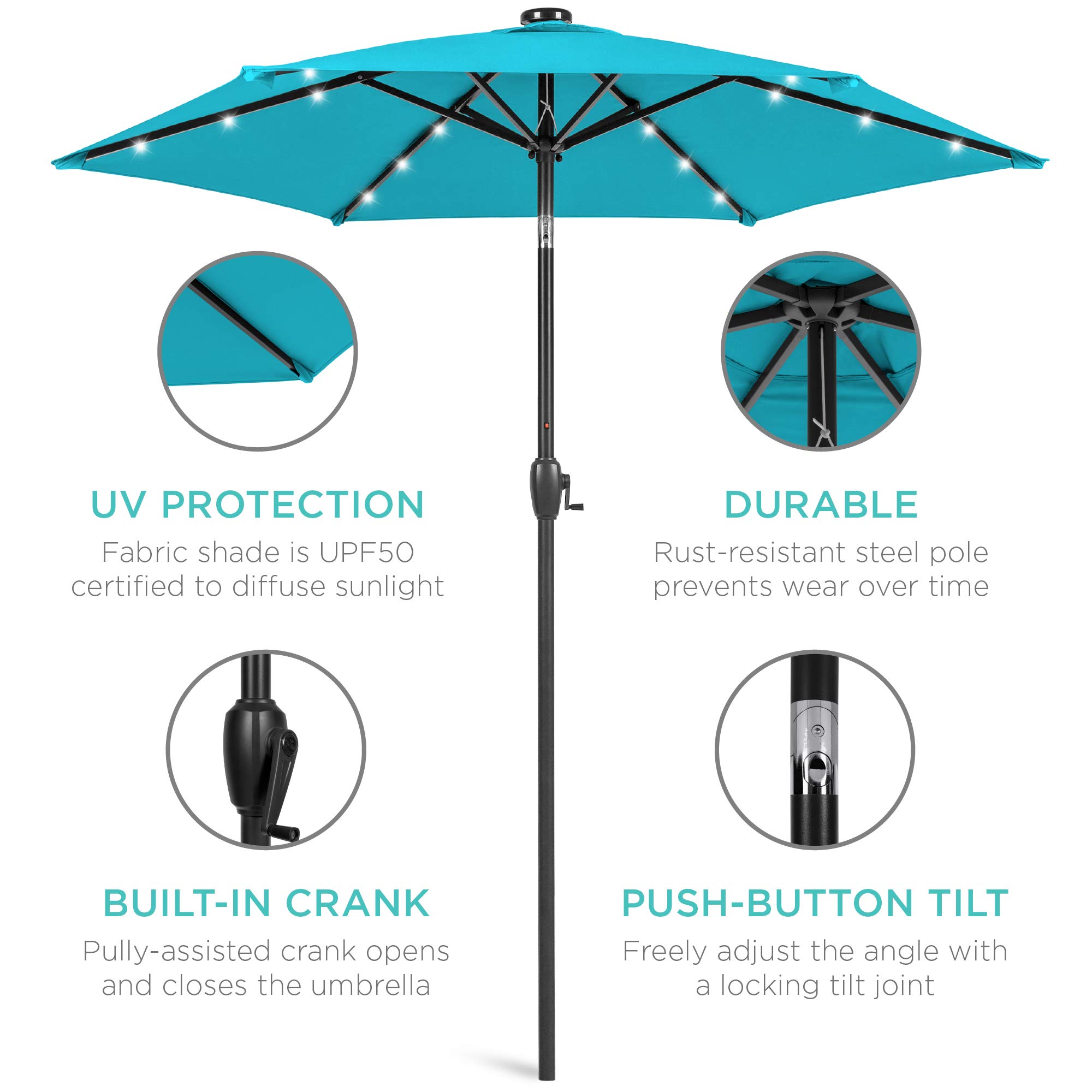 Best Choice Products 7.5ft Outdoor Solar-Powered LED Patio Umbrella with Tilt & Crank - Sky Blue for Deck, Poolside, Backyard & Outdoor Dining