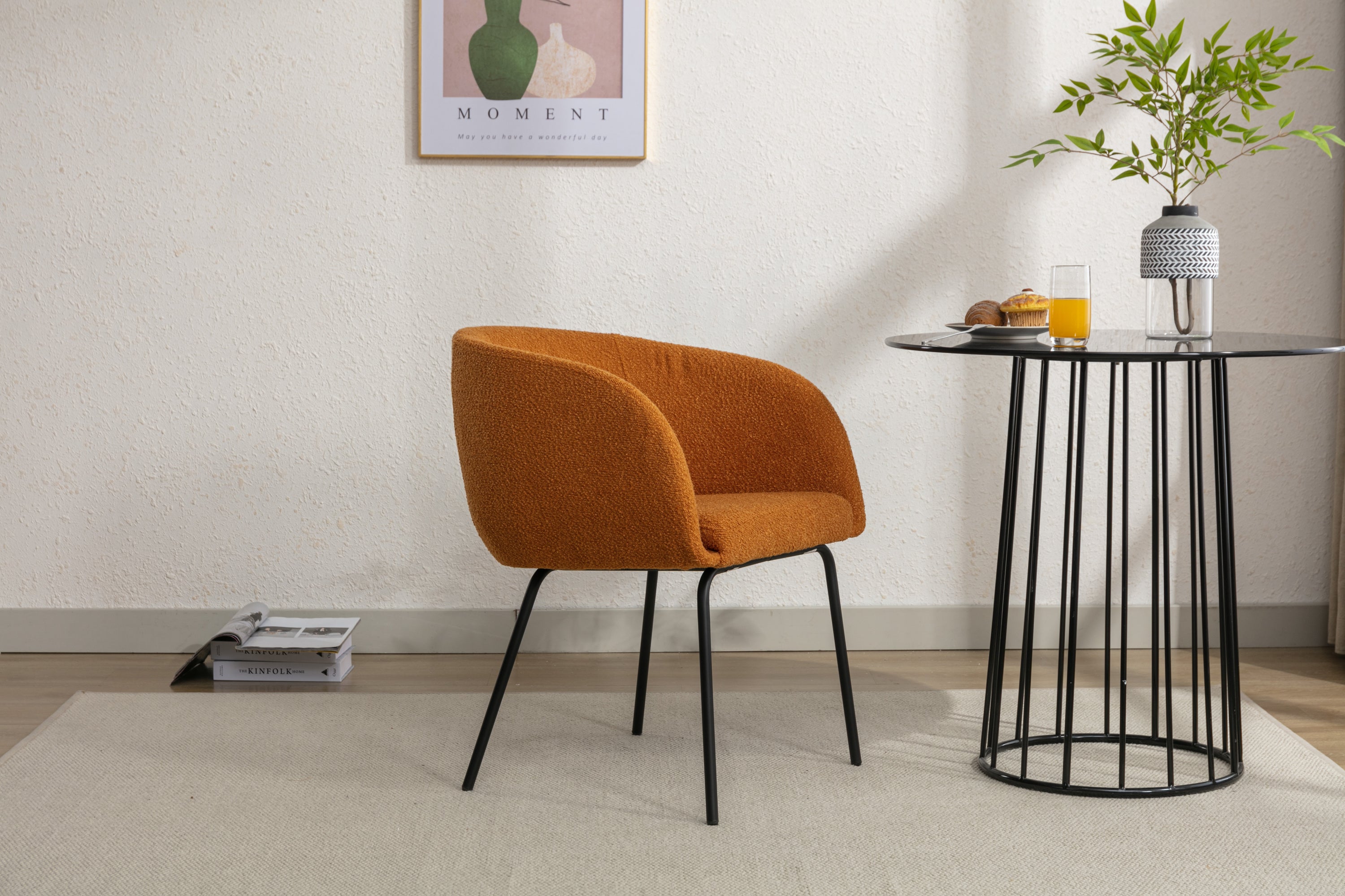 Boucle Fabric Dining Chair with Black Metal Legs - Set of 1 - Modern Upholstered Side Chair for Kitchen, Dining Room & Office