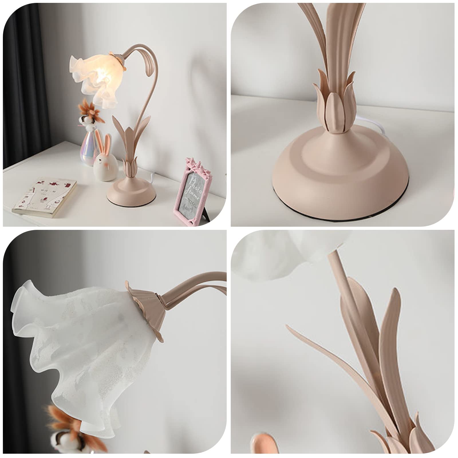 Creative Glass Table Lamp - Modern Simple Style Flower White & Pink Petal Glass Table Lamp with Dimmable LED, Bedside Nightstand Lamp for Bedroom, Living Room, Office Decor