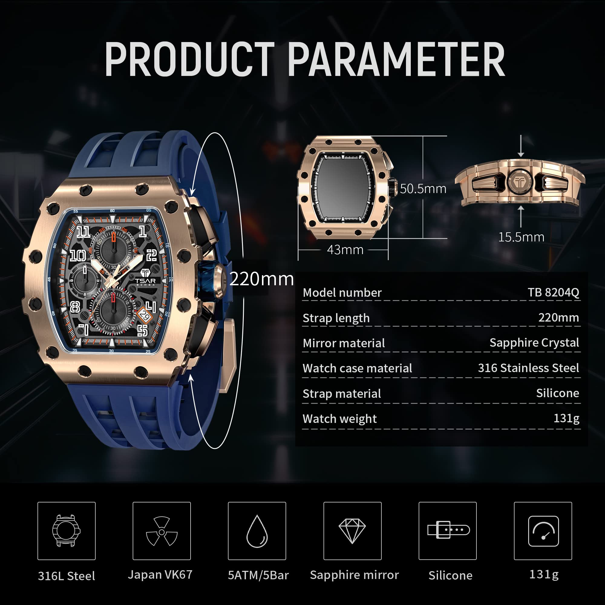 TSAR BOMBA Luxury Men's Watch - 50M Waterproof Tonneau Chronograph with Japanese Quartz Movement & Silicone Band - Perfect for Business, Casual Wear & Gifts for Men