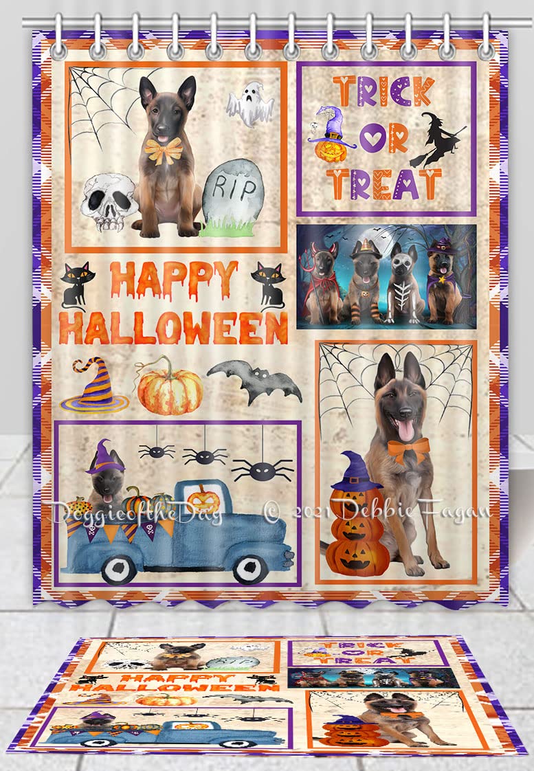 Halloween Trick or Treat Belgian Malinois Dog Bath Mat & Shower Curtain Set - Non-Slip Bathroom Decor, Plush Rug & Polyester Bathtub Curtain with Hooks (Mat 20